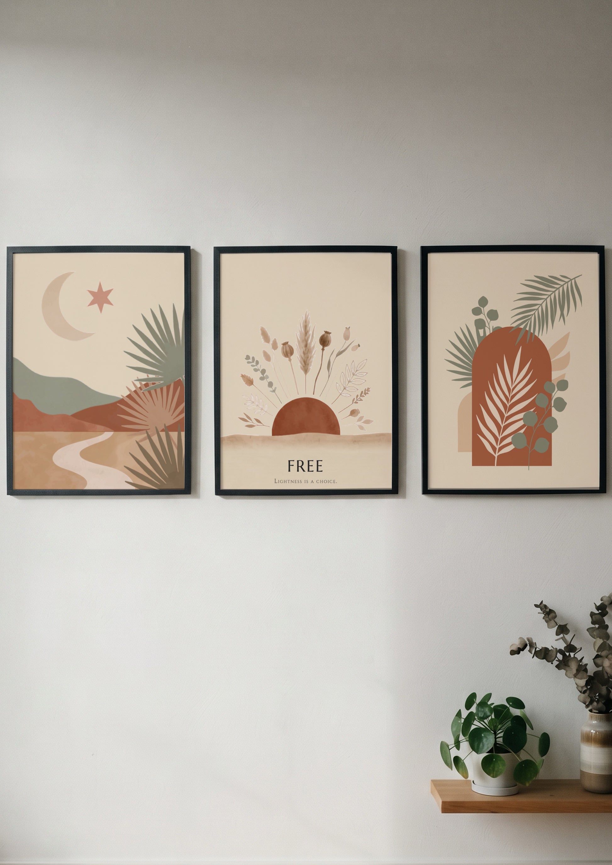 Poster set featuring minimalist boho landscapes with desert motifs in terracotta and sage.