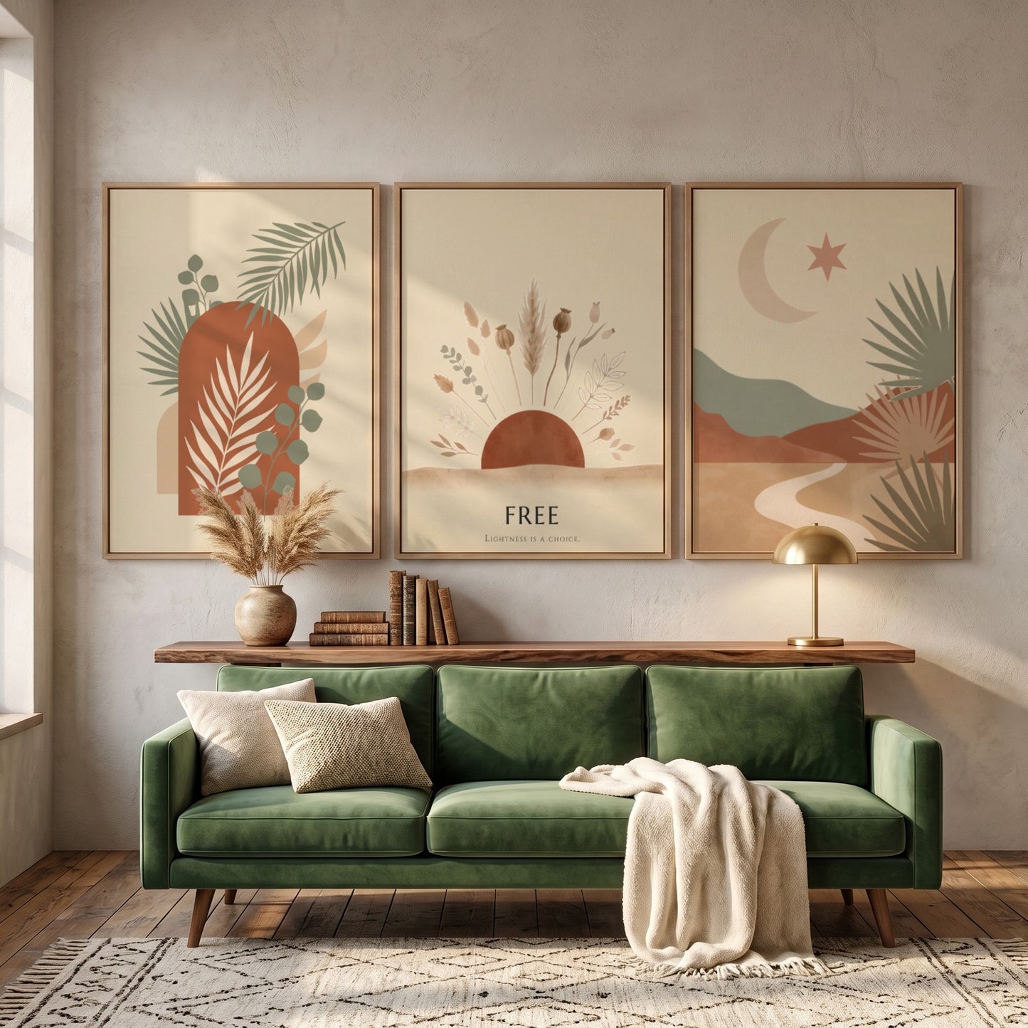 Poster set featuring minimalist boho landscapes with desert motifs in terracotta and sage.