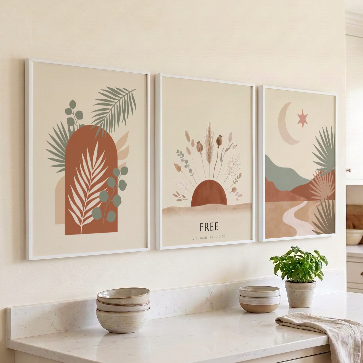 Poster set featuring minimalist boho landscapes with desert motifs in terracotta and sage.