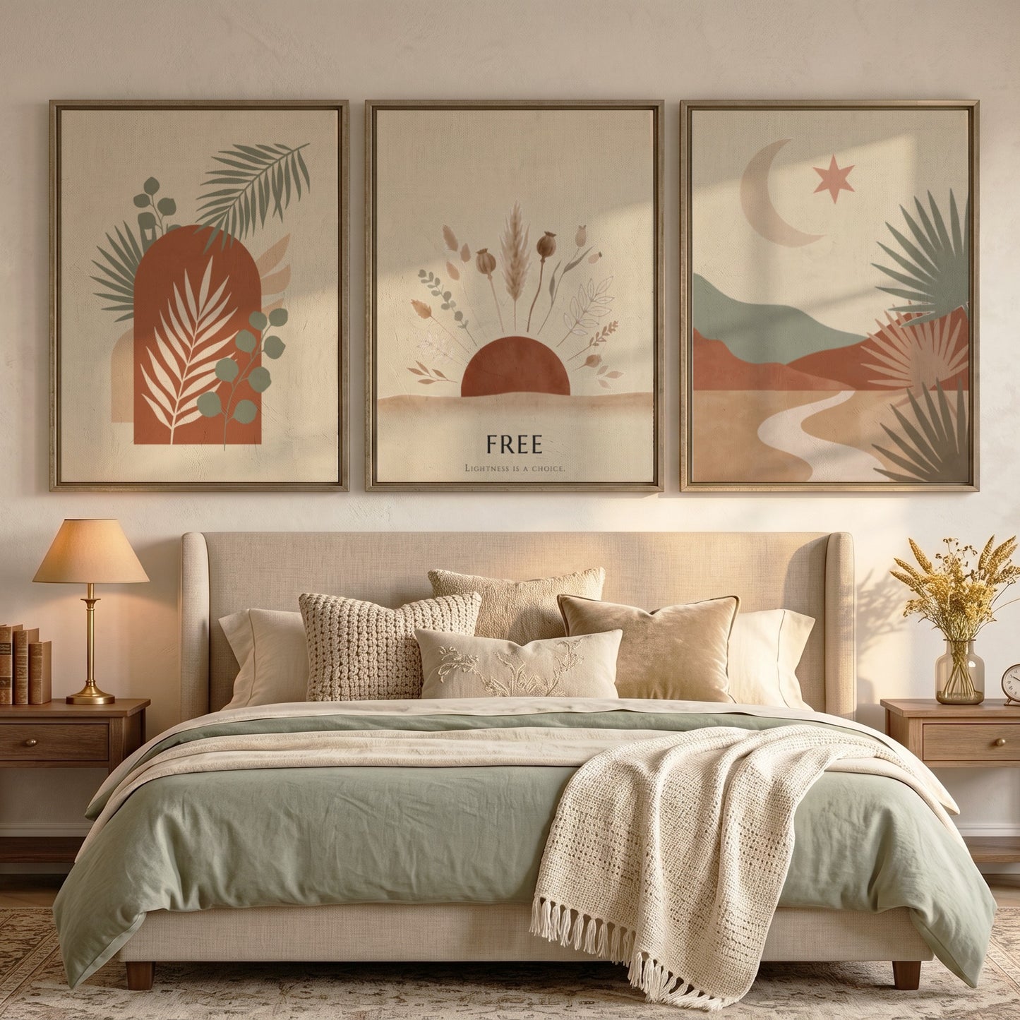 Poster set featuring minimalist boho landscapes with desert motifs in terracotta and sage.