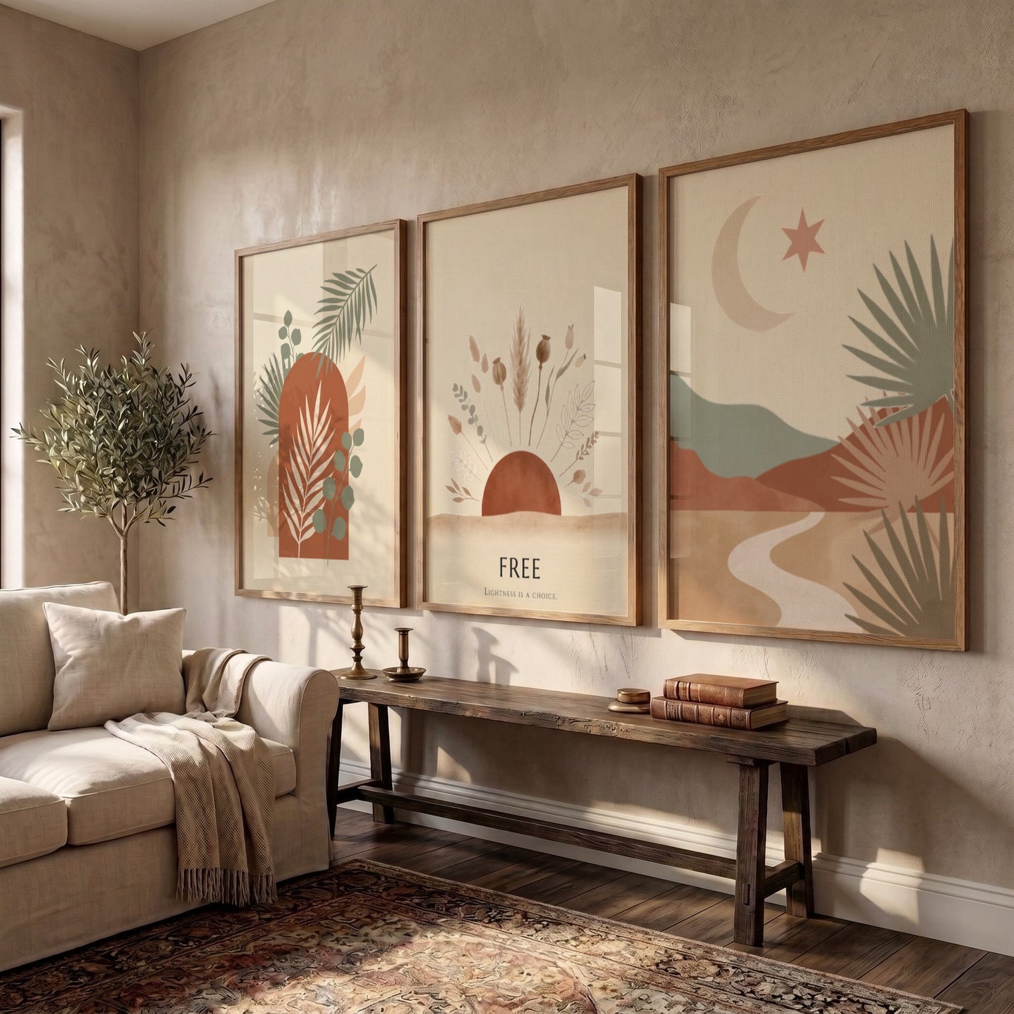 Poster set featuring minimalist boho landscapes with desert motifs in terracotta and sage.