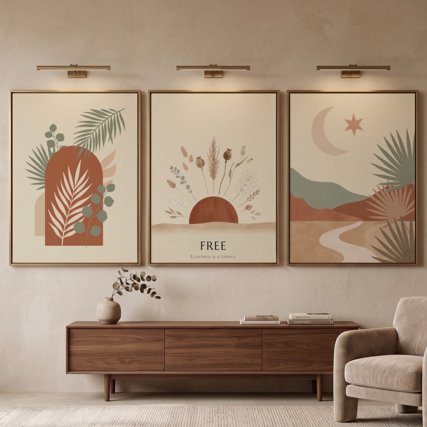 Poster set featuring minimalist boho landscapes with desert motifs in terracotta and sage.
