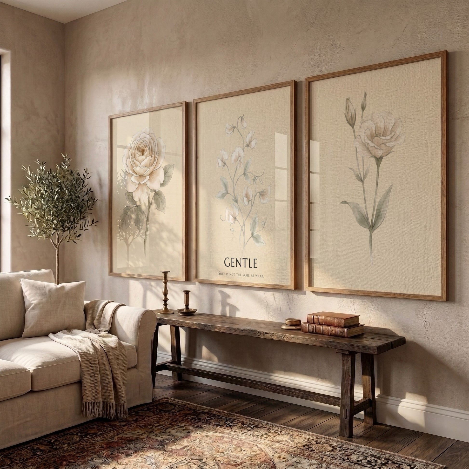 Poster set featuring three botanical illustrations with neutral cream backgrounds and elegant text