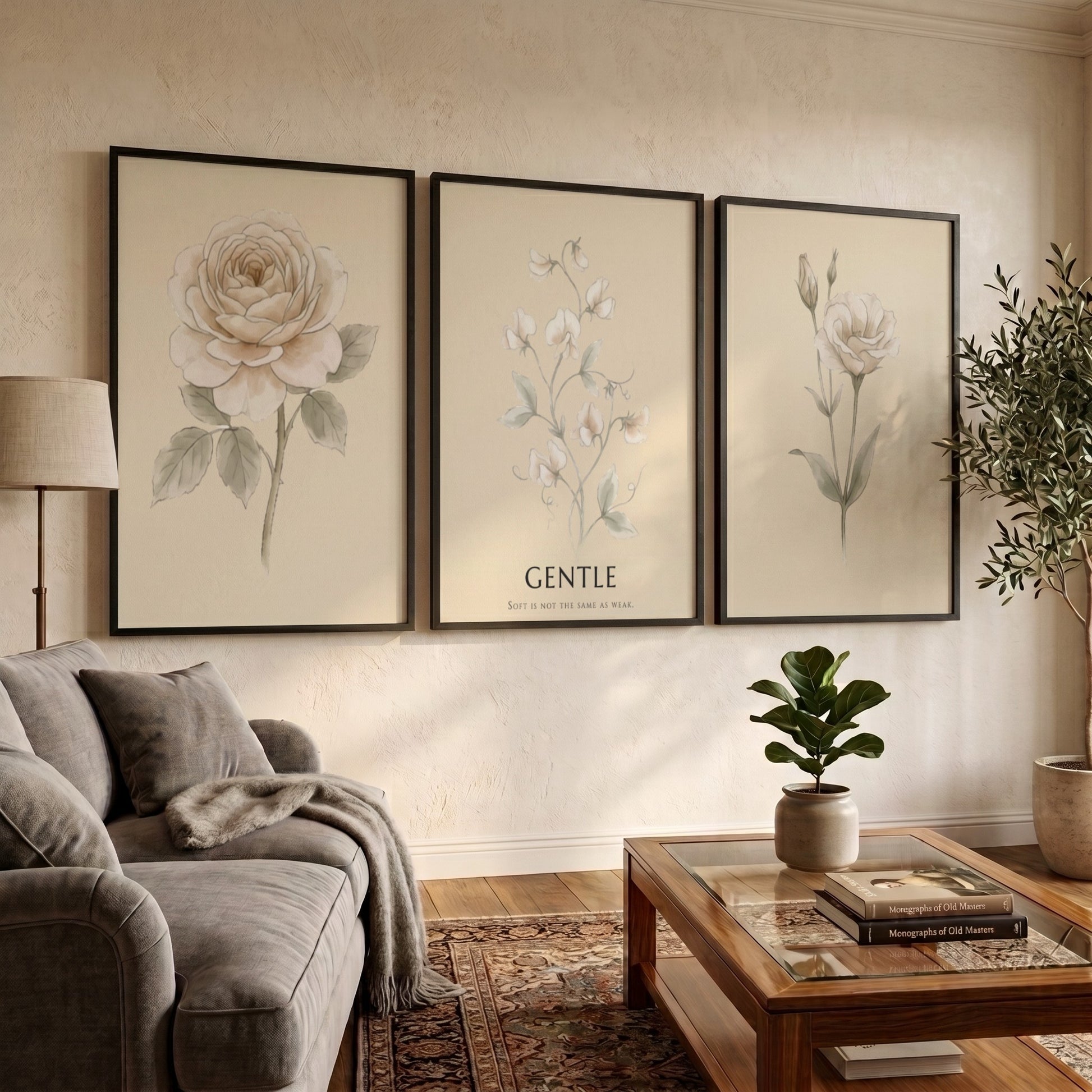 Poster set featuring three botanical illustrations with neutral cream backgrounds and elegant text