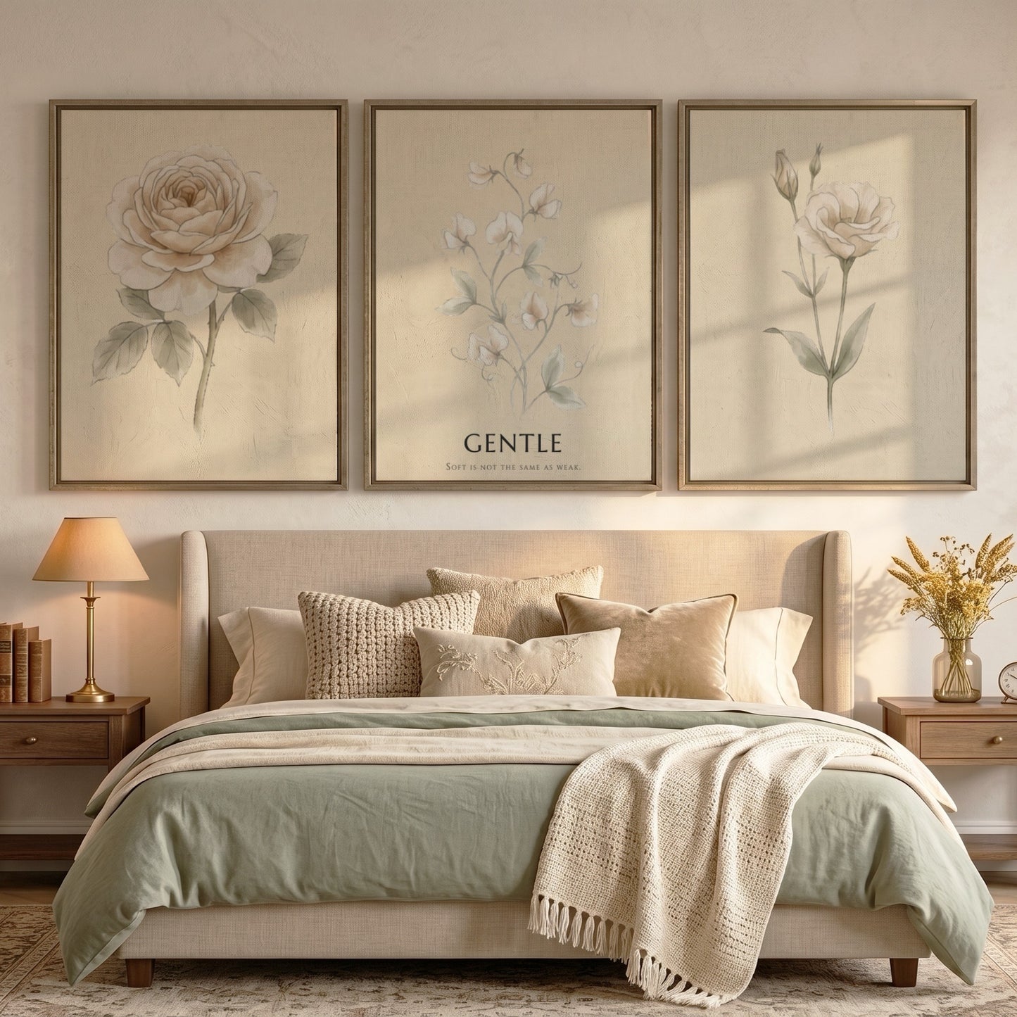 Poster set featuring three botanical illustrations with neutral cream backgrounds and elegant text