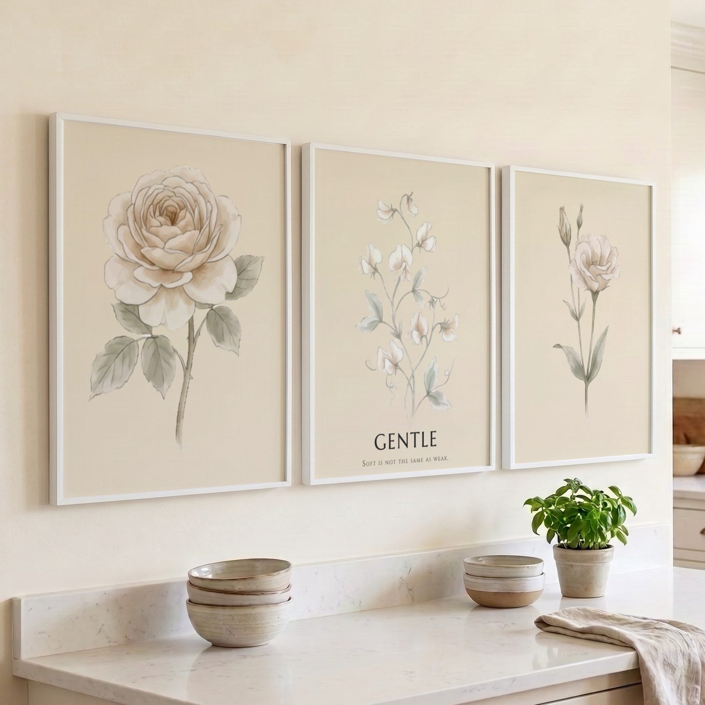 Poster set featuring three botanical illustrations with neutral cream backgrounds and elegant text