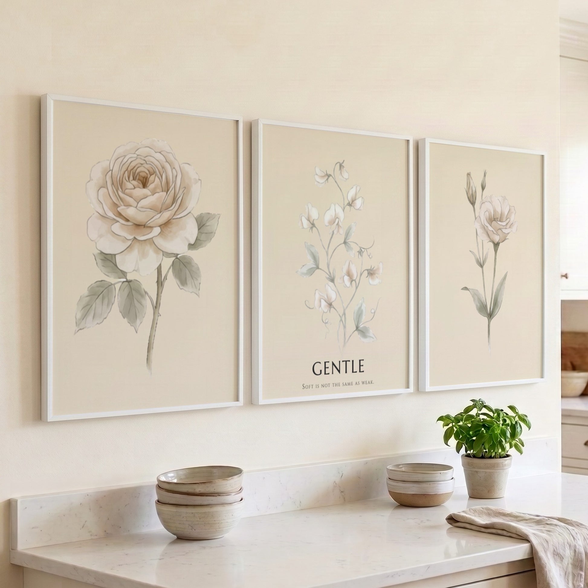 Poster set featuring three botanical illustrations with neutral cream backgrounds and elegant text