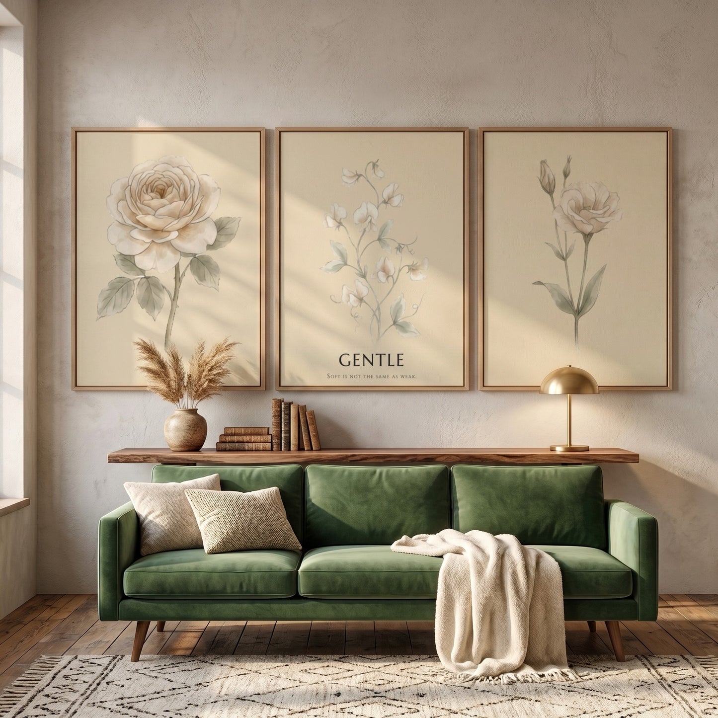 Poster set featuring three botanical illustrations with neutral cream backgrounds and elegant text