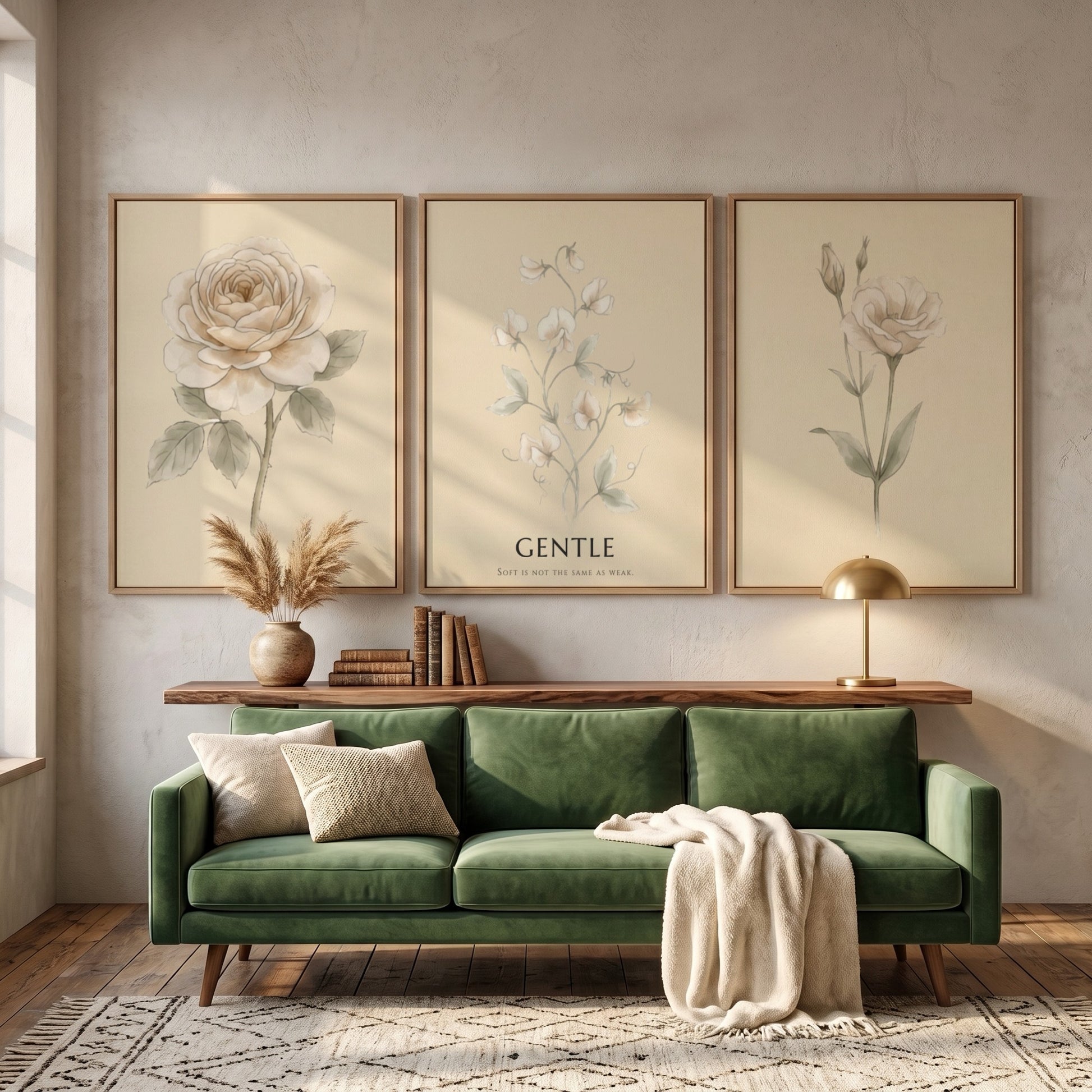 Poster set featuring three botanical illustrations with neutral cream backgrounds and elegant text
