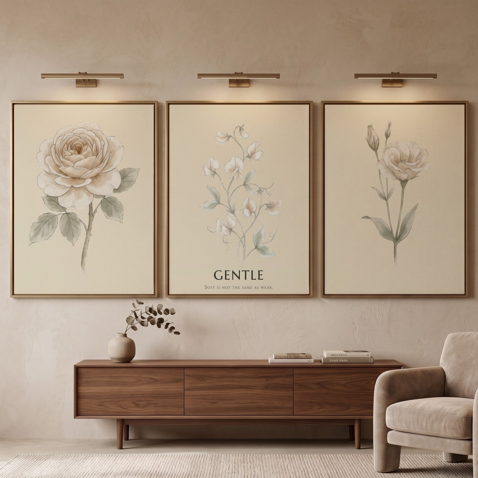 Poster set featuring three botanical illustrations with neutral cream backgrounds and elegant text