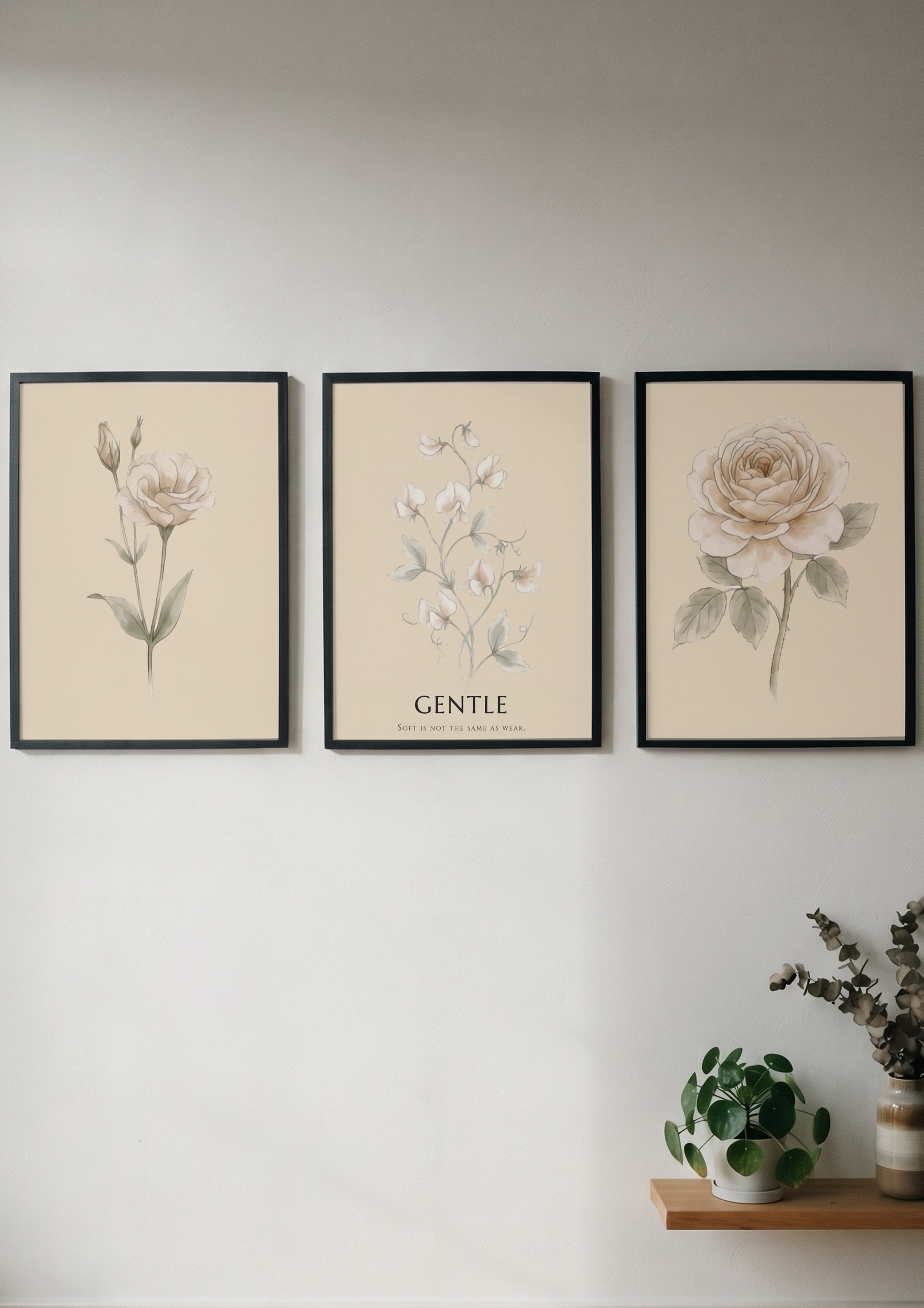 Poster set featuring three botanical illustrations with neutral cream backgrounds and elegant text