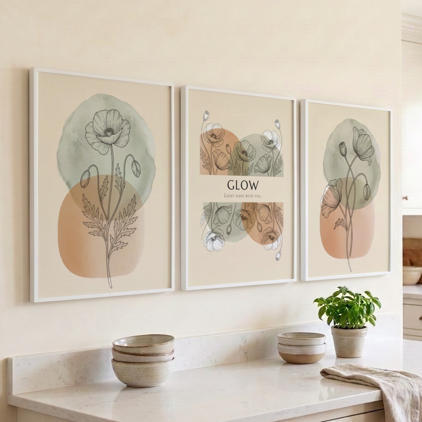 Poster set featuring delicate botanical mimosa line drawings over soft sage and ochre circles.