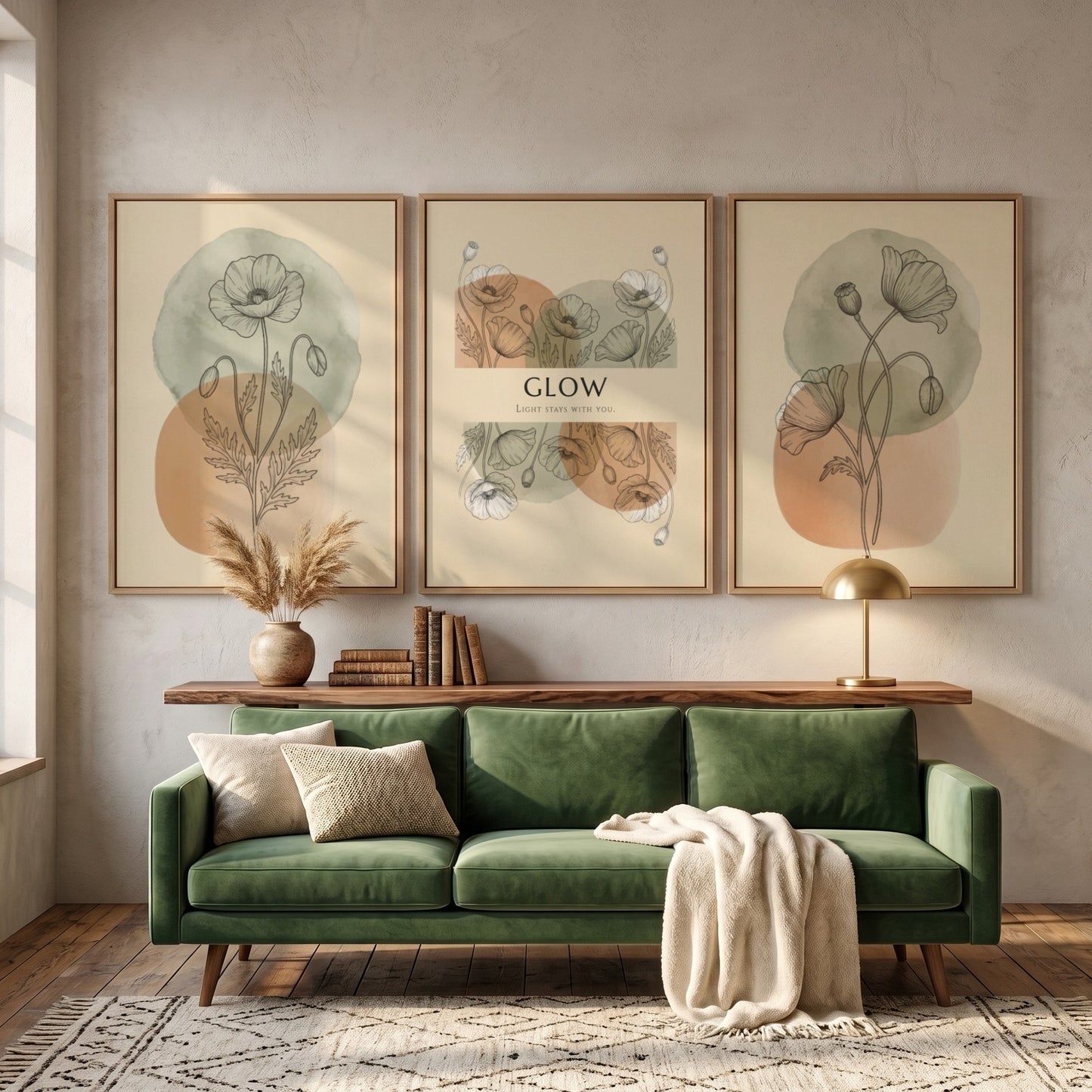 Poster set featuring delicate botanical mimosa line drawings over soft sage and ochre circles.