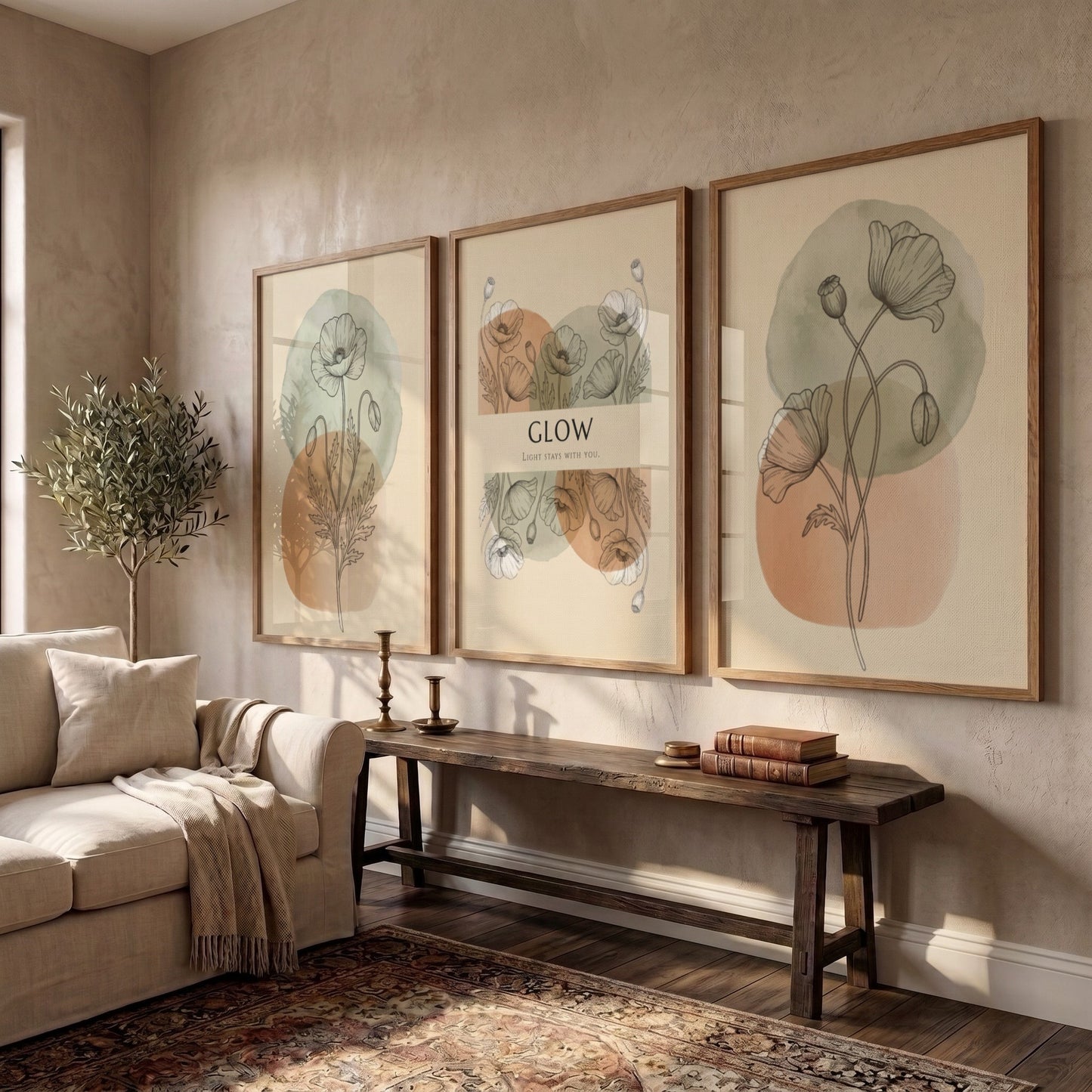 Poster set featuring delicate botanical mimosa line drawings over soft sage and ochre circles.
