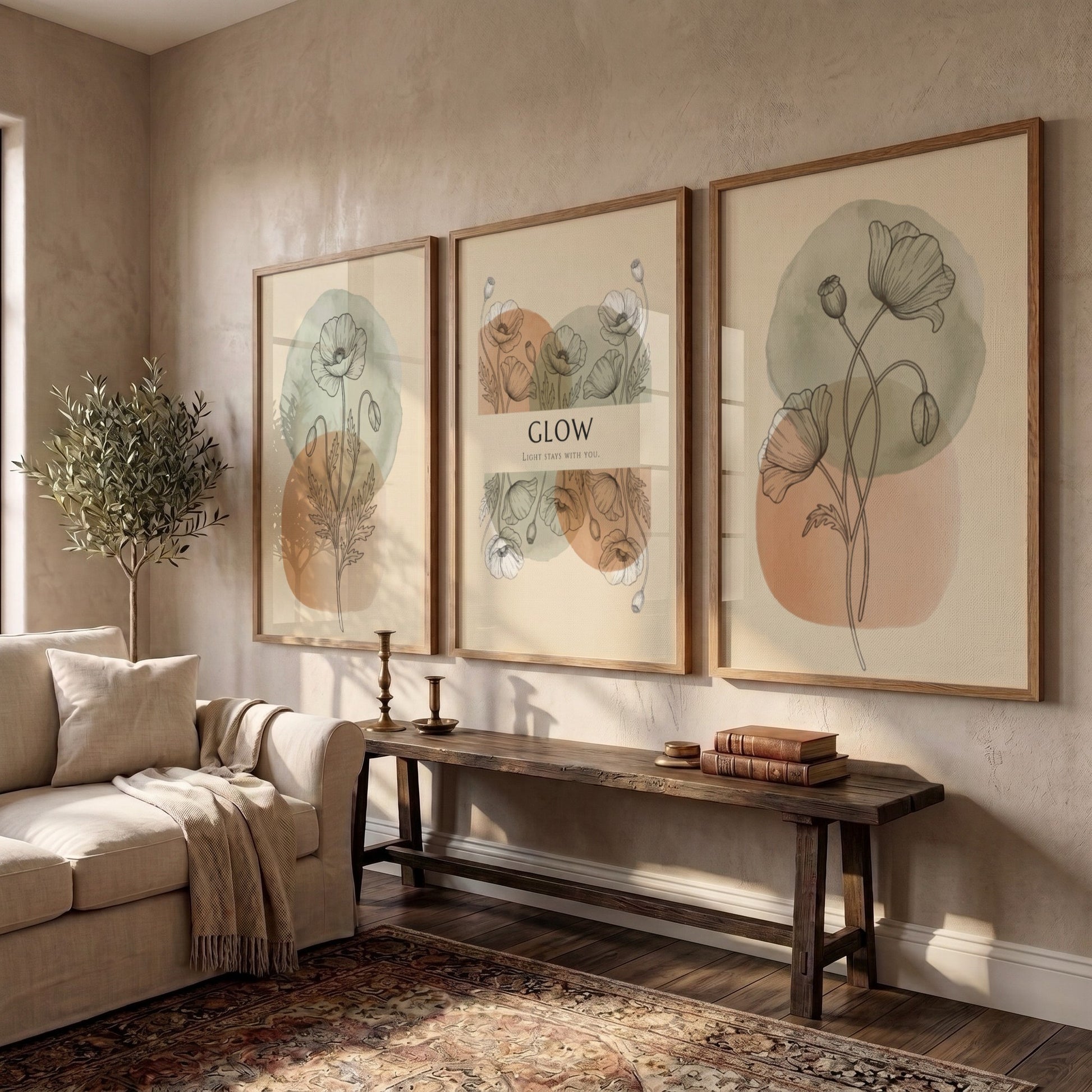 Poster set featuring delicate botanical mimosa line drawings over soft sage and ochre circles.