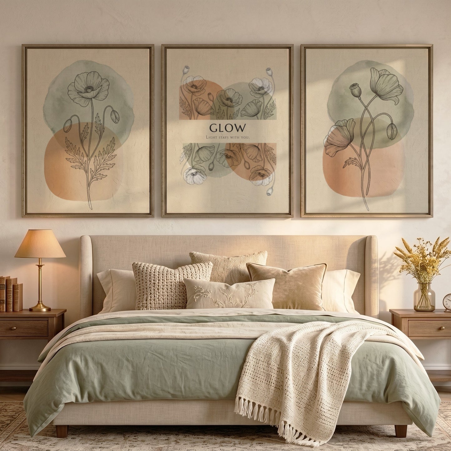 Poster set featuring delicate botanical mimosa line drawings over soft sage and ochre circles.