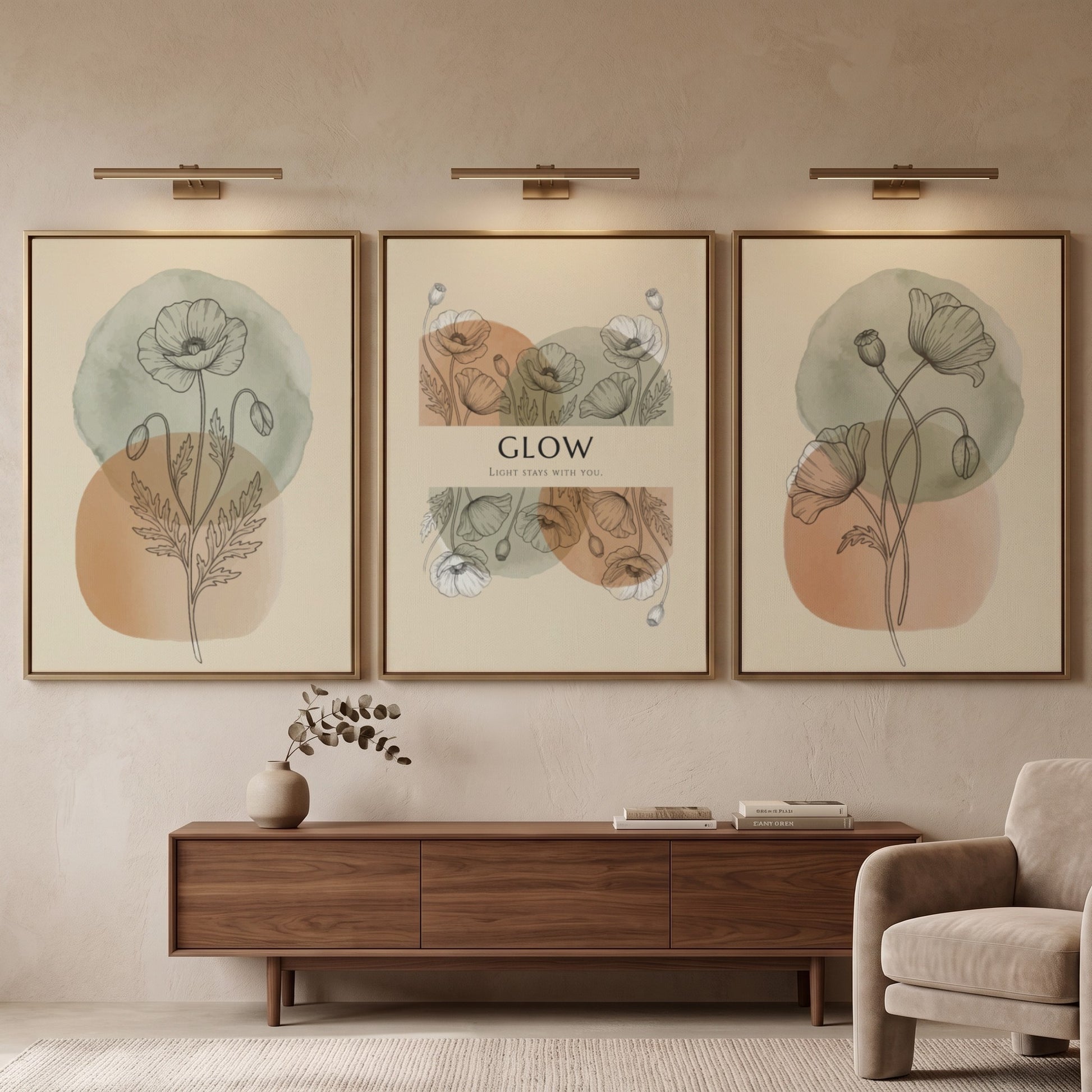 Poster set featuring delicate botanical mimosa line drawings over soft sage and ochre circles.