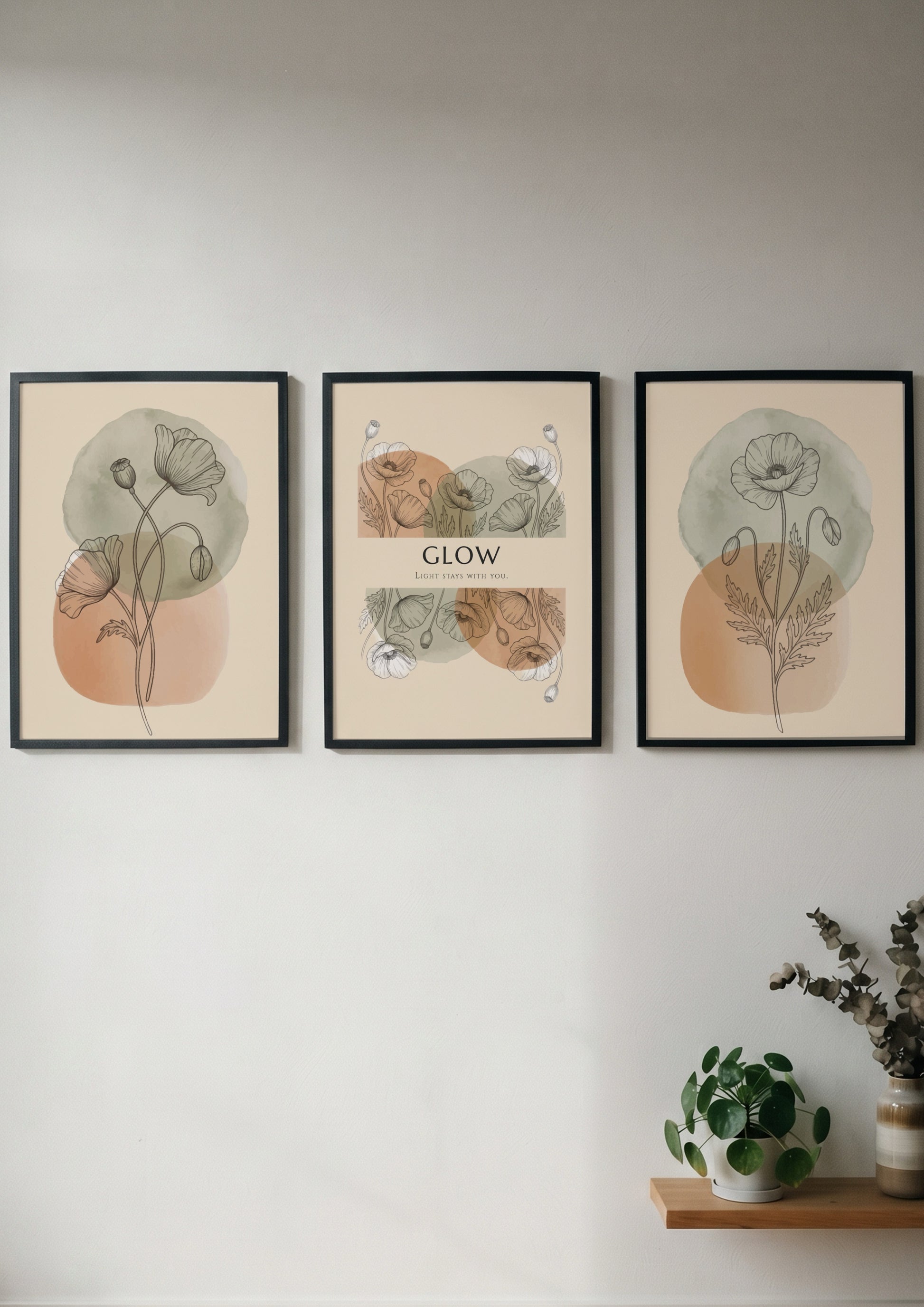 Poster set featuring delicate botanical mimosa line drawings over soft sage and ochre circles.