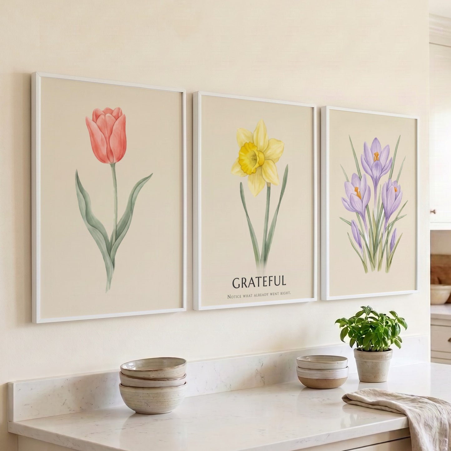 Poster set featuring watercolour crocus, daffodil with grateful text, and tulip on cream
