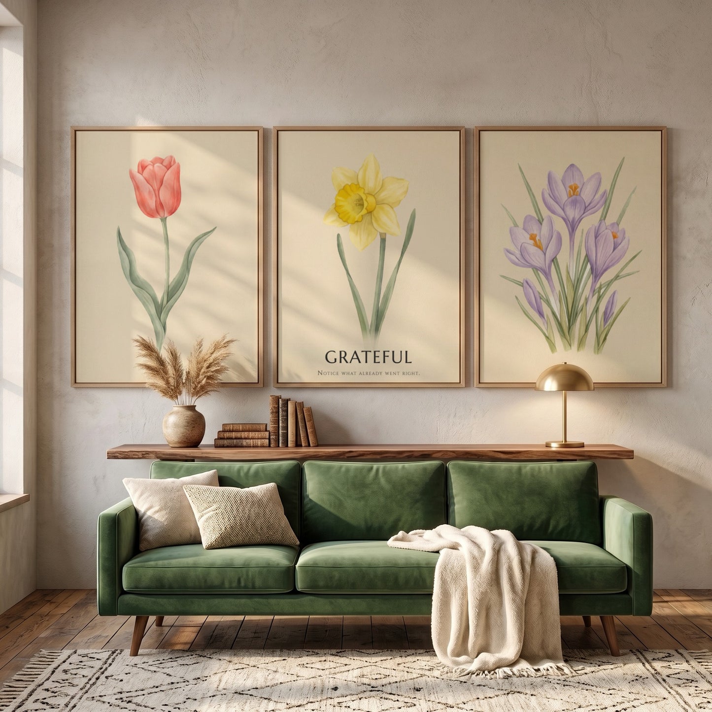 Poster set featuring watercolour crocus, daffodil with grateful text, and tulip on cream