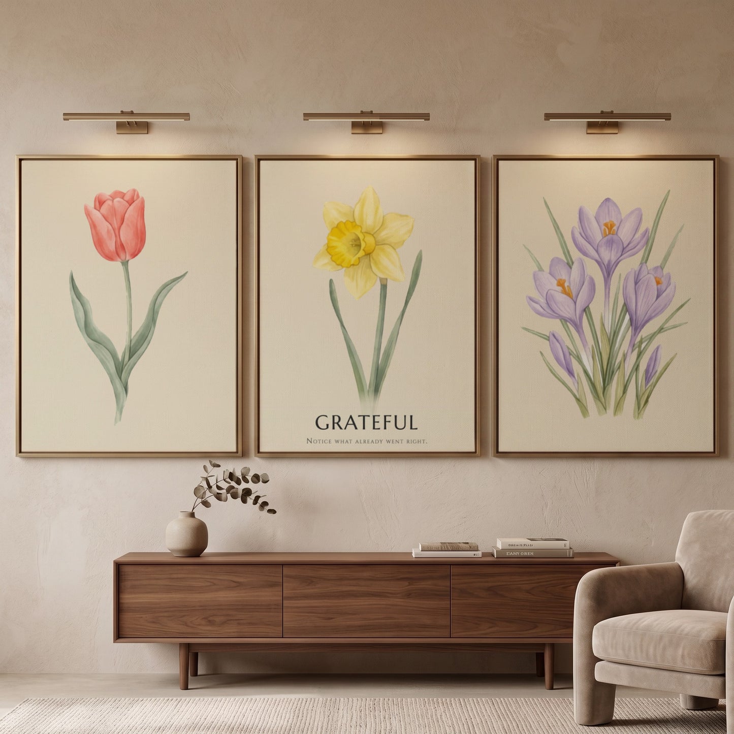 Poster set featuring watercolour crocus, daffodil with grateful text, and tulip on cream