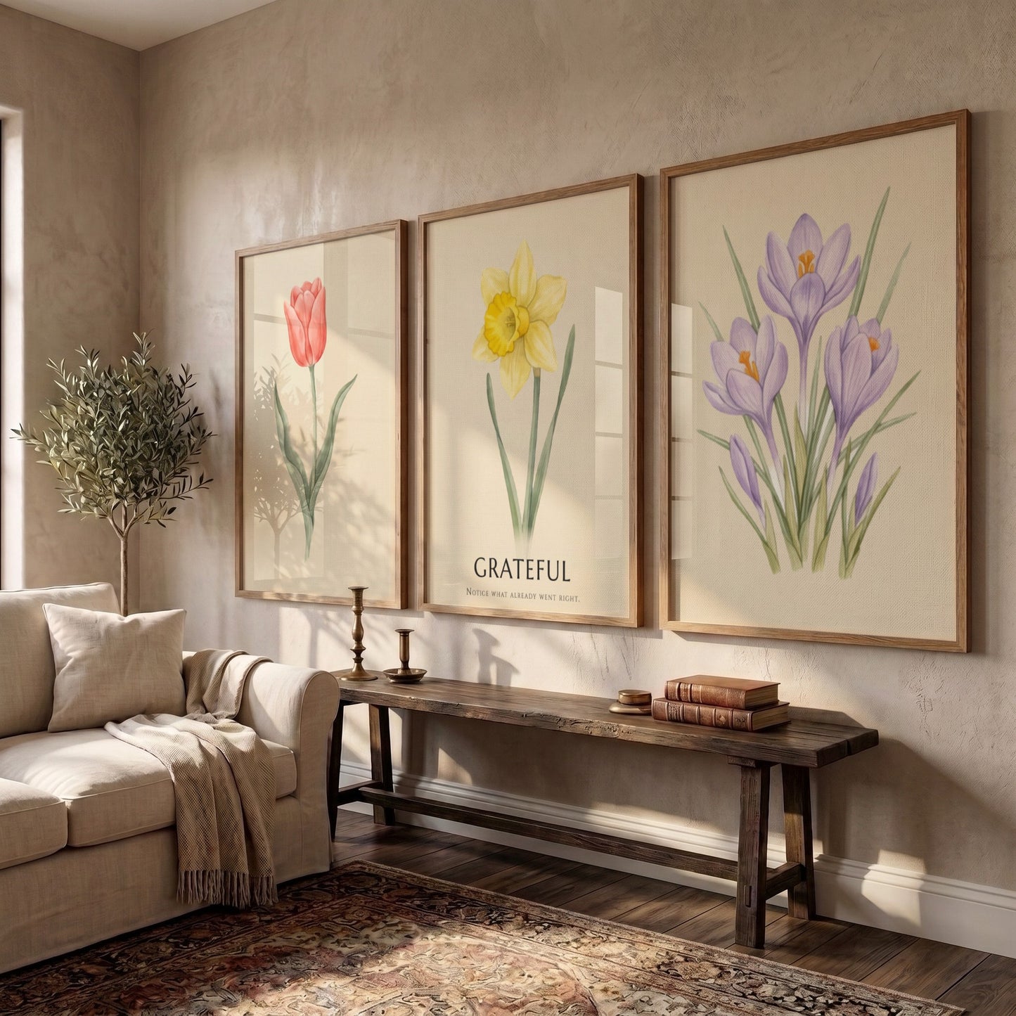 Poster set featuring watercolour crocus, daffodil with grateful text, and tulip on cream