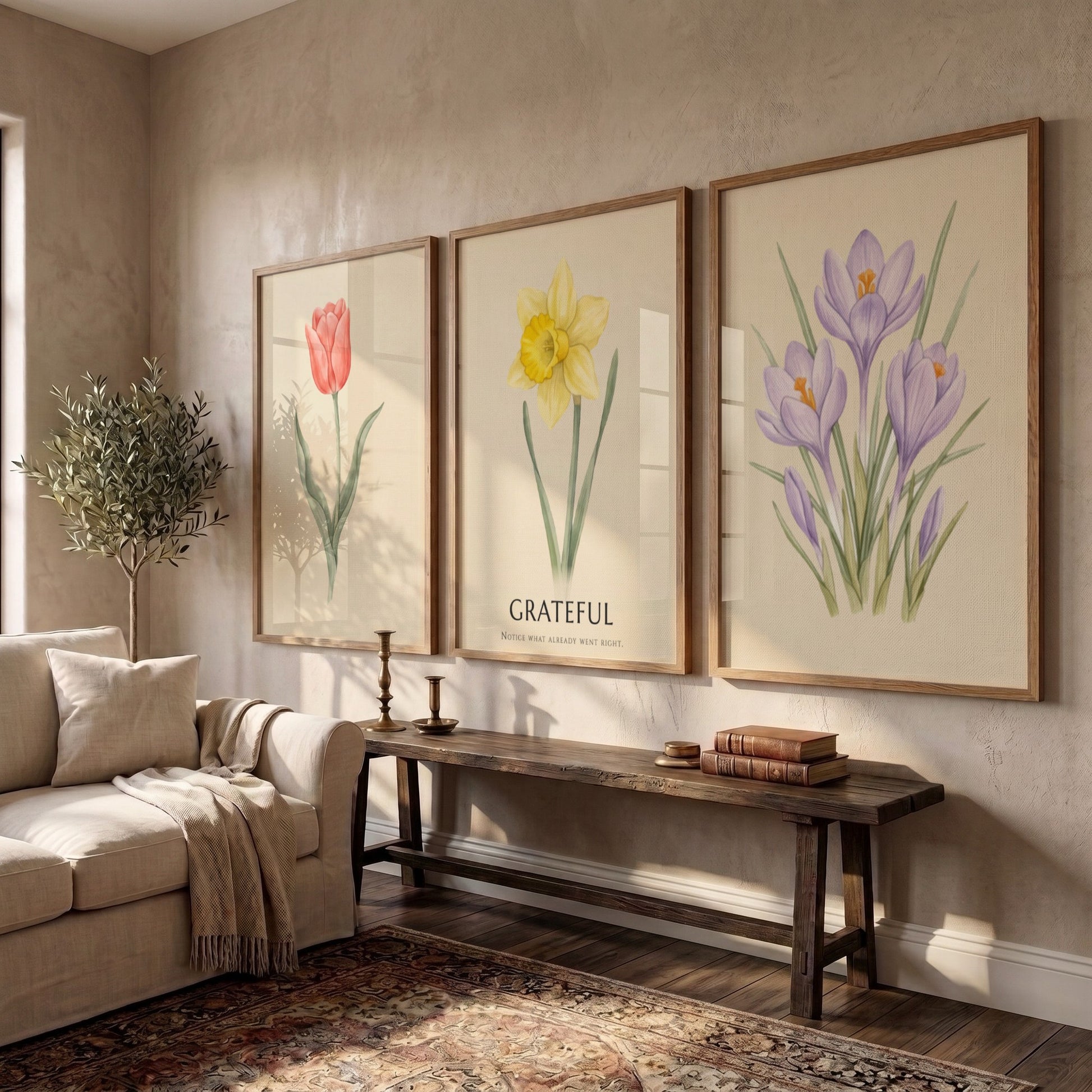 Poster set featuring watercolour crocus, daffodil with grateful text, and tulip on cream