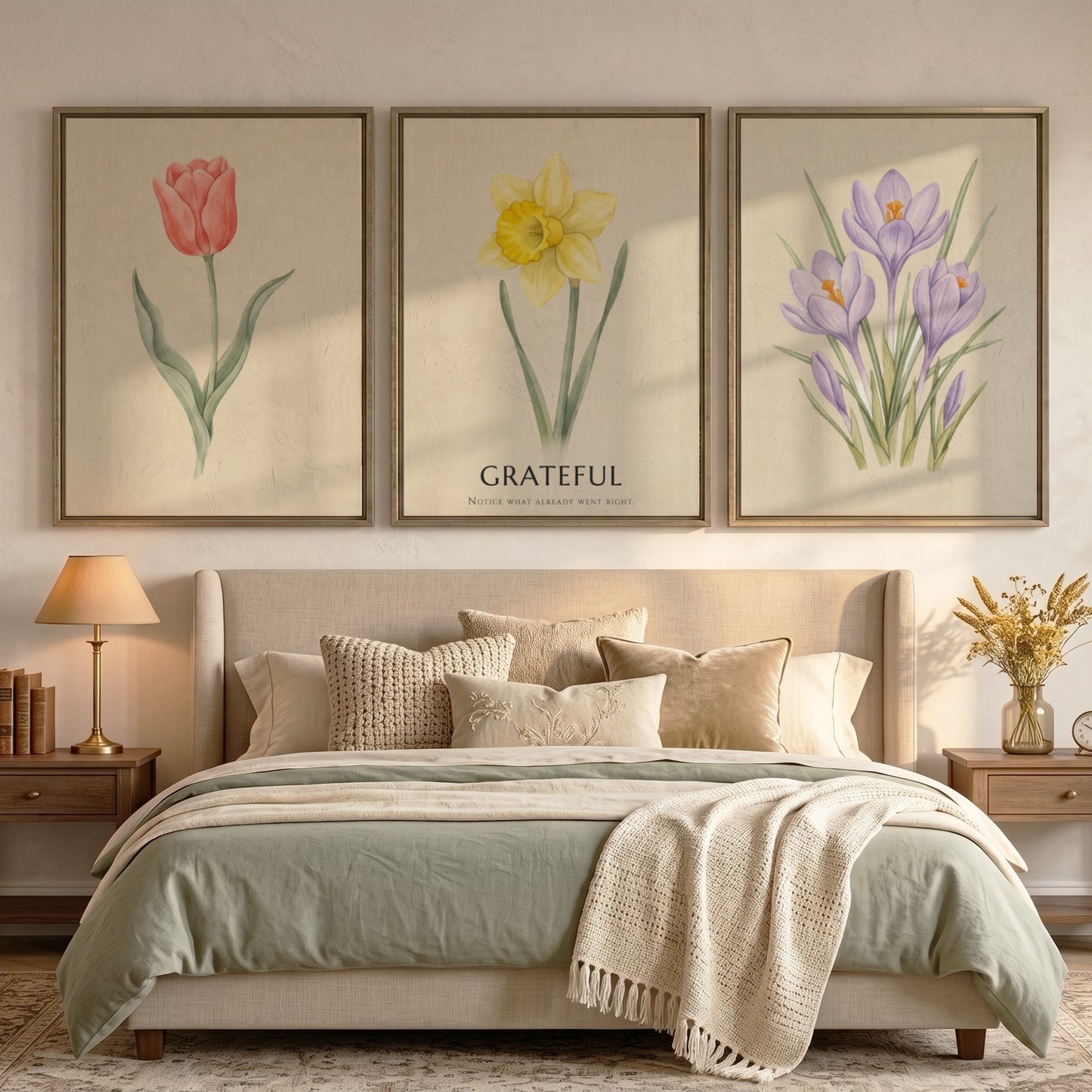 Poster set featuring watercolour crocus, daffodil with grateful text, and tulip on cream