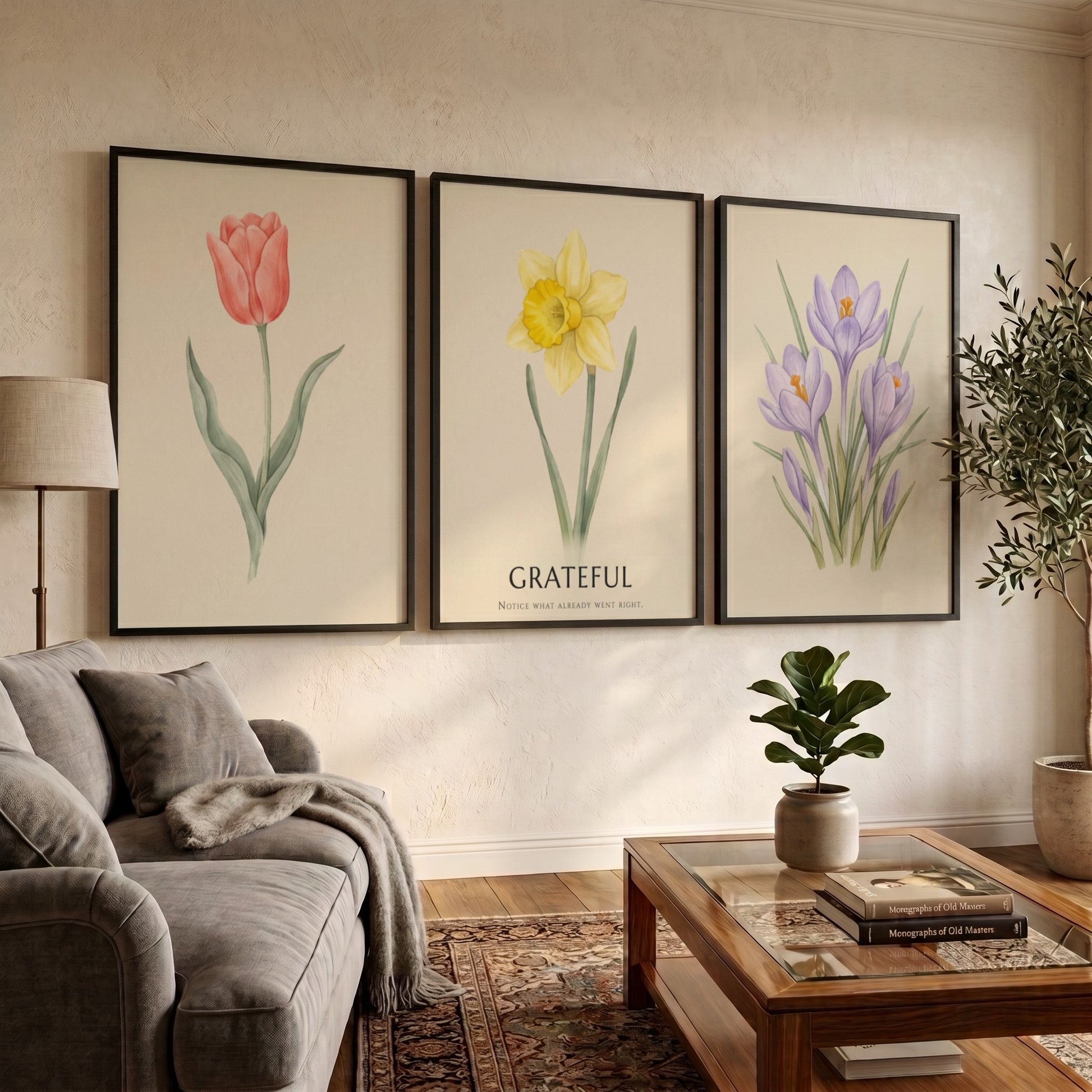 Poster set featuring watercolour crocus, daffodil with grateful text, and tulip on cream