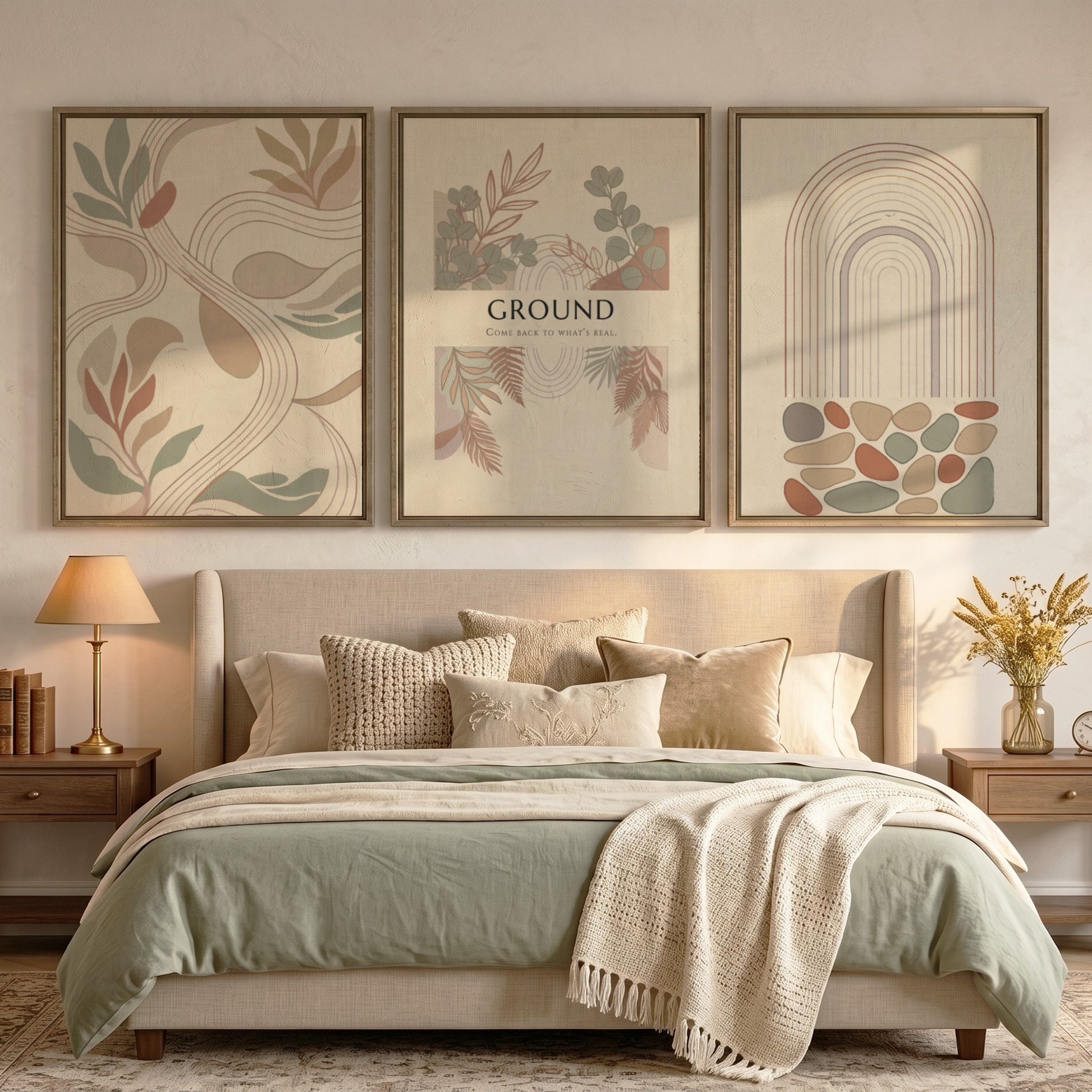 Poster set featuring Ground text with earthy botanical illustrations and minimalist abstract shapes