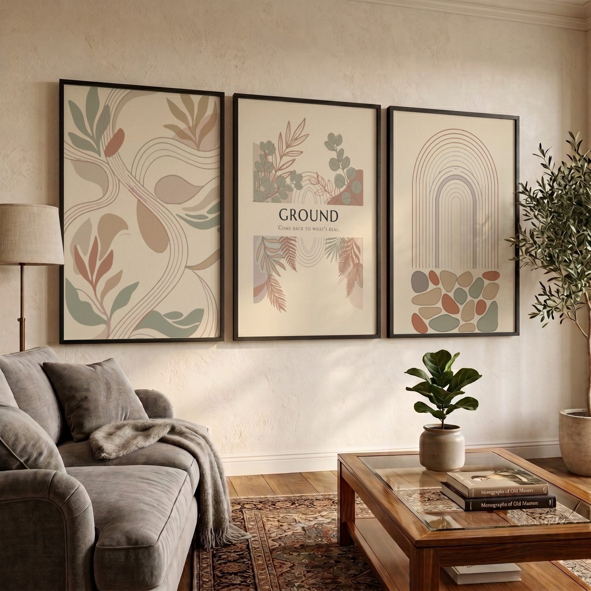 Poster set featuring Ground text with earthy botanical illustrations and minimalist abstract shapes