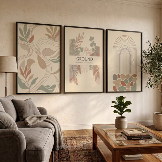 Poster set featuring Ground text with earthy botanical illustrations and minimalist abstract shapes