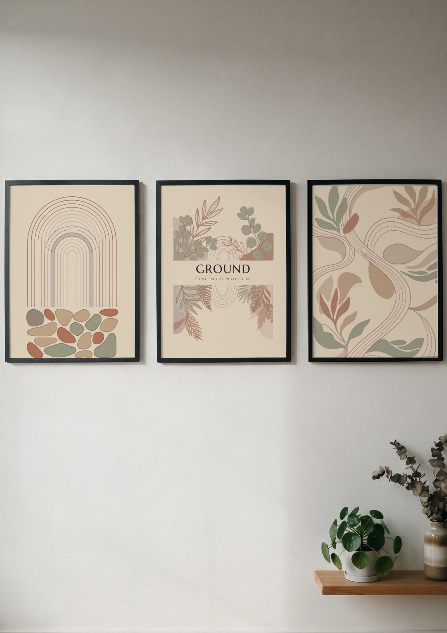 Poster set featuring Ground text with earthy botanical illustrations and minimalist abstract shapes