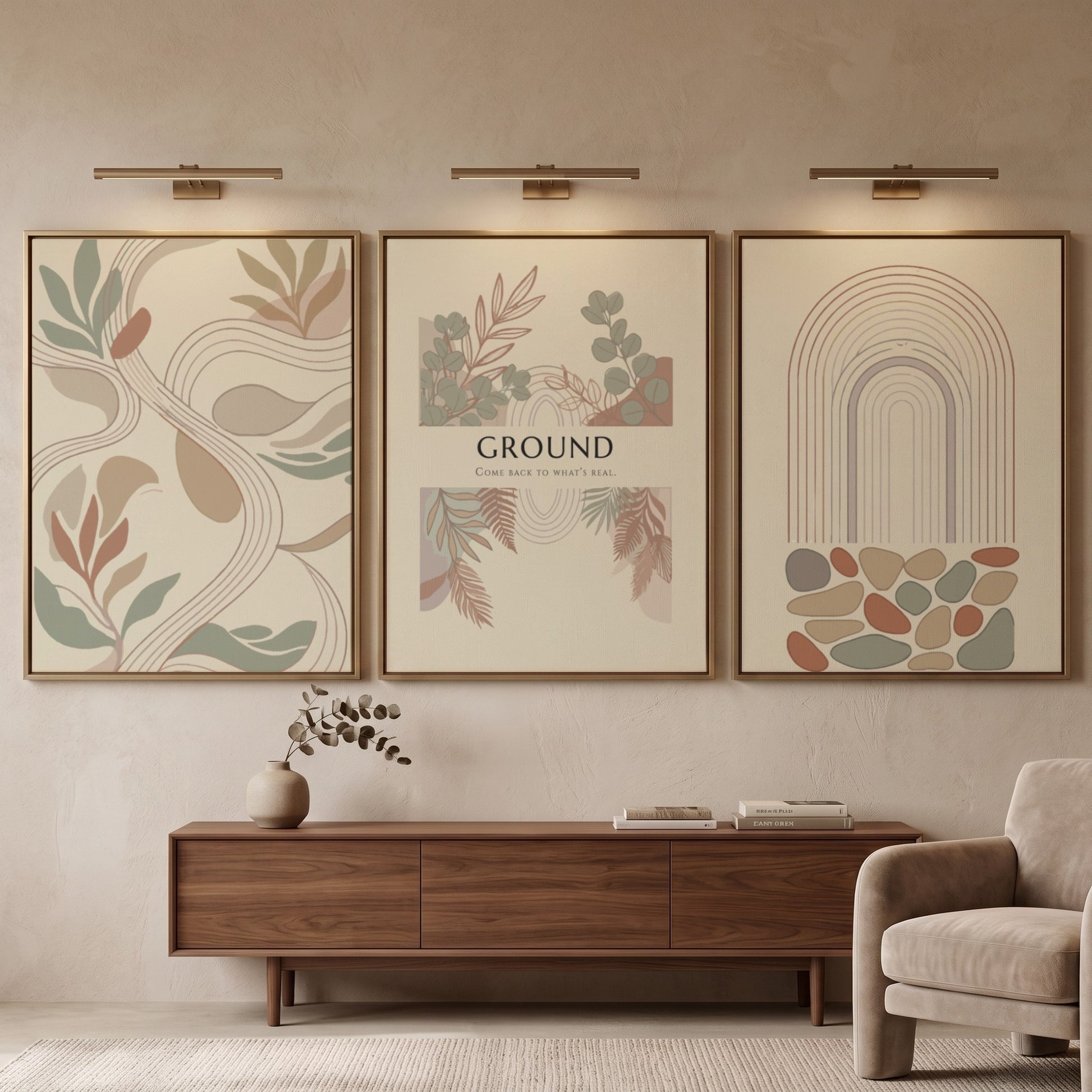 Poster set featuring Ground text with earthy botanical illustrations and minimalist abstract shapes