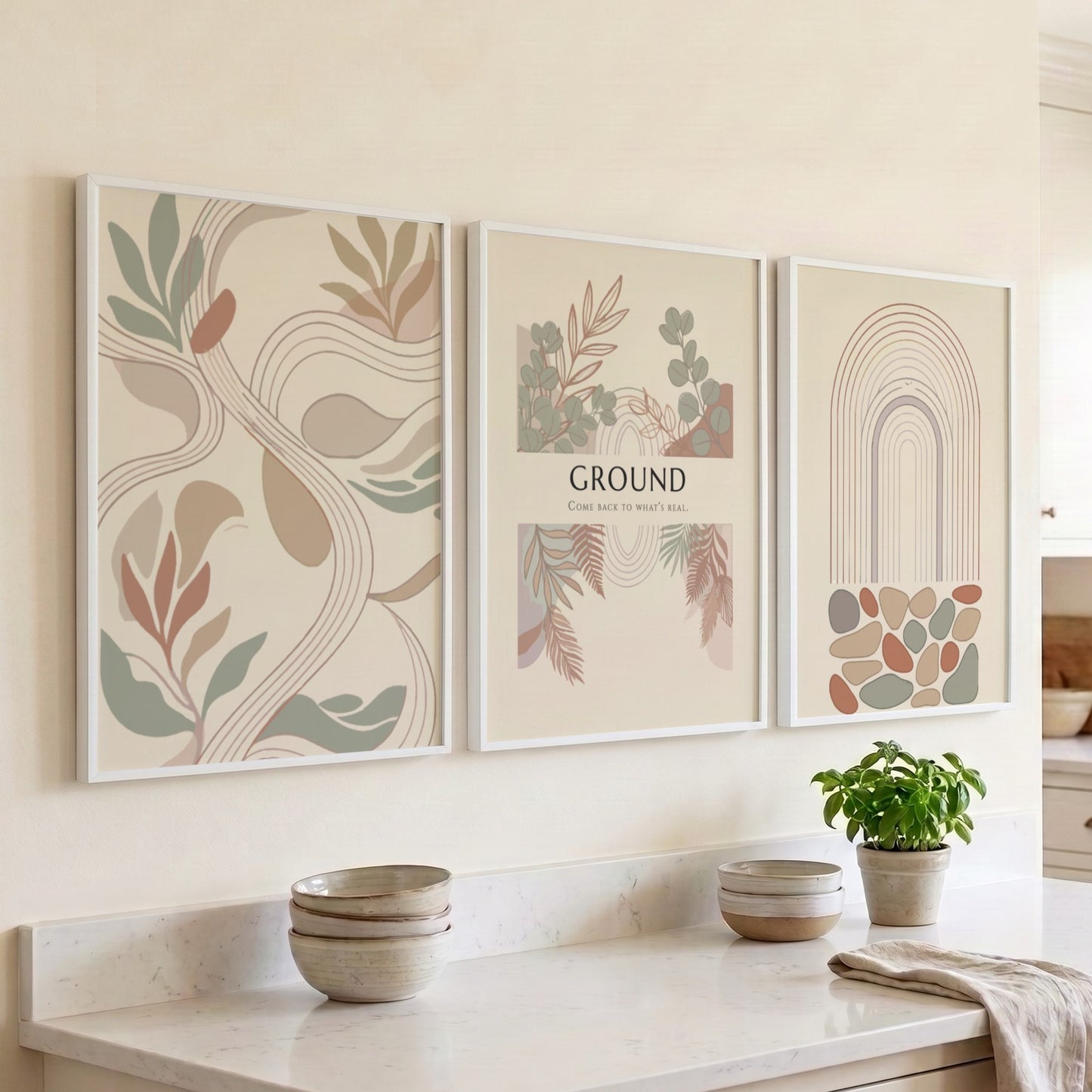 Poster set featuring Ground text with earthy botanical illustrations and minimalist abstract shapes