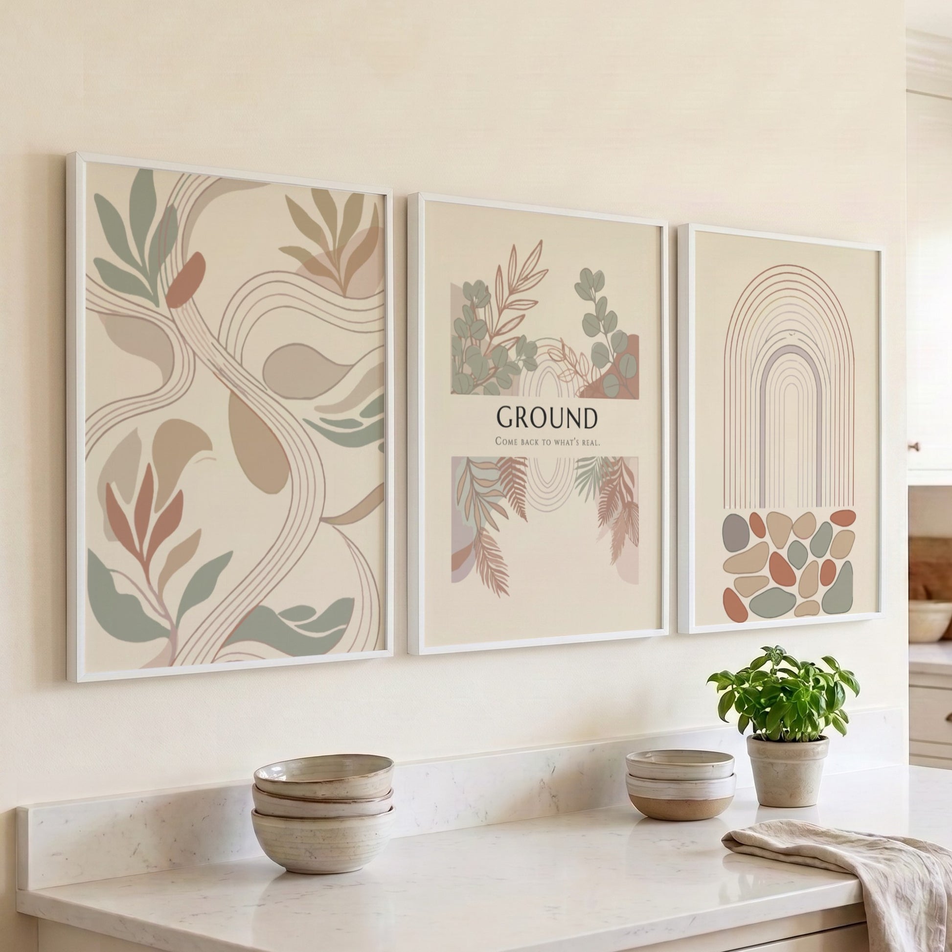 Poster set featuring Ground text with earthy botanical illustrations and minimalist abstract shapes