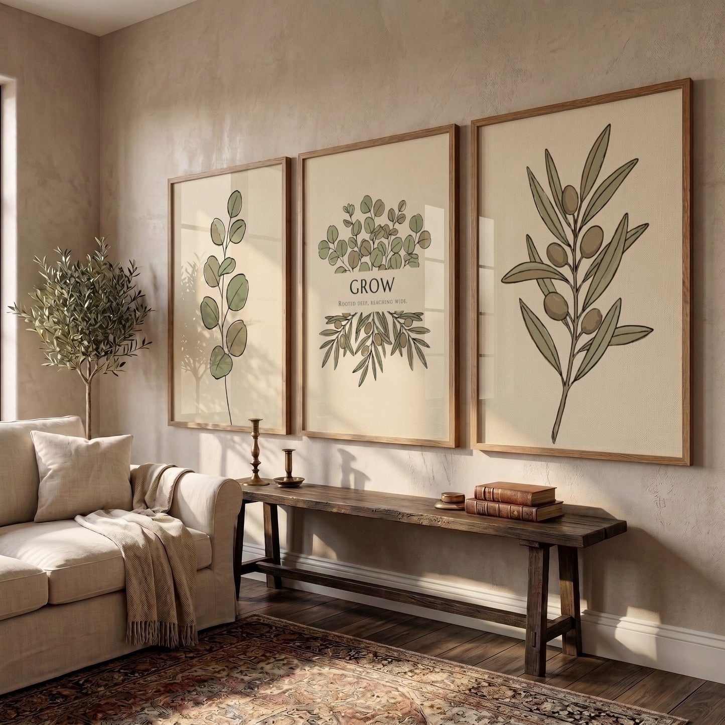 Poster triptych showing olive branches and eucalyptus leaves in sage green and beige.