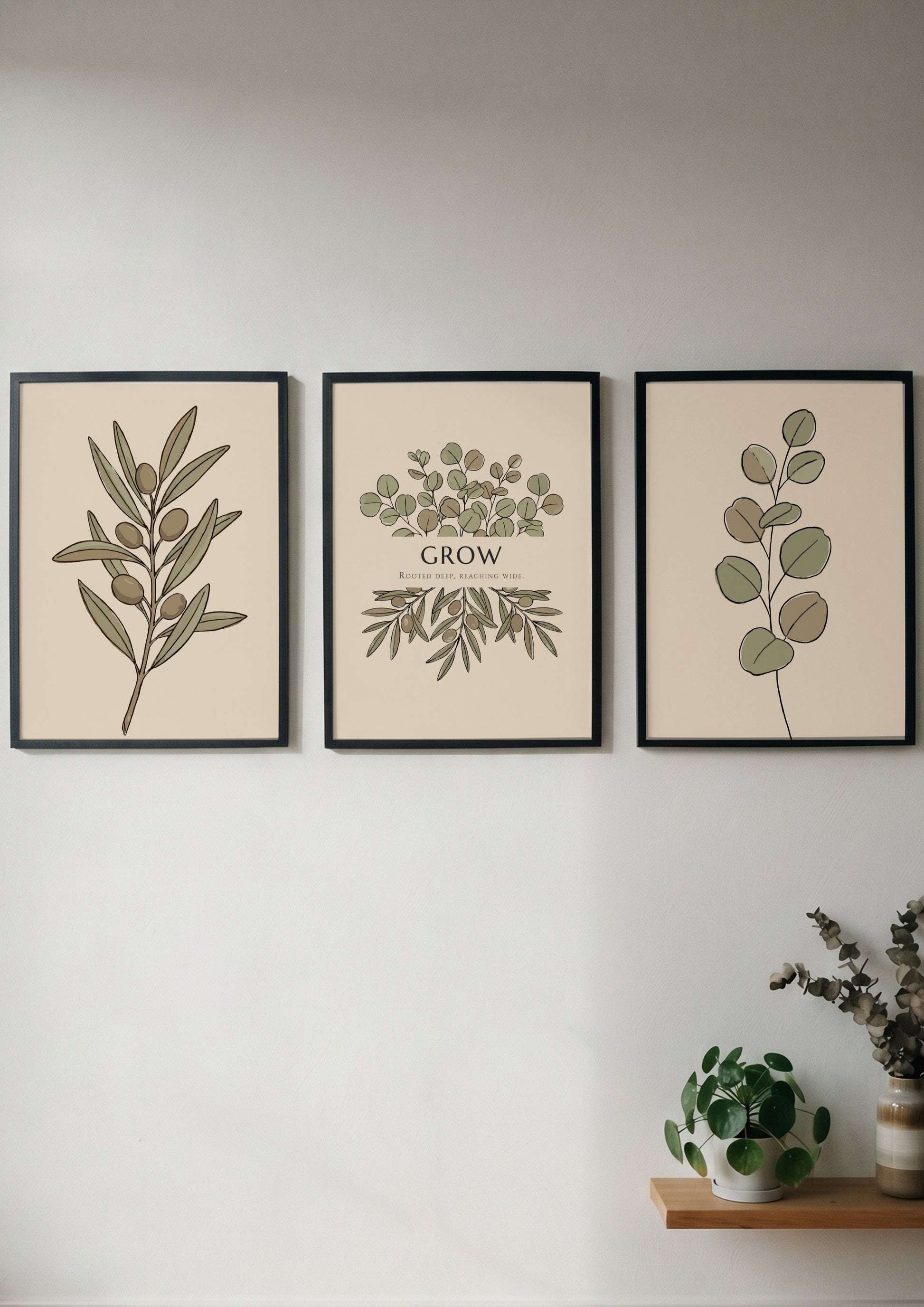 Poster triptych showing olive branches and eucalyptus leaves in sage green and beige.