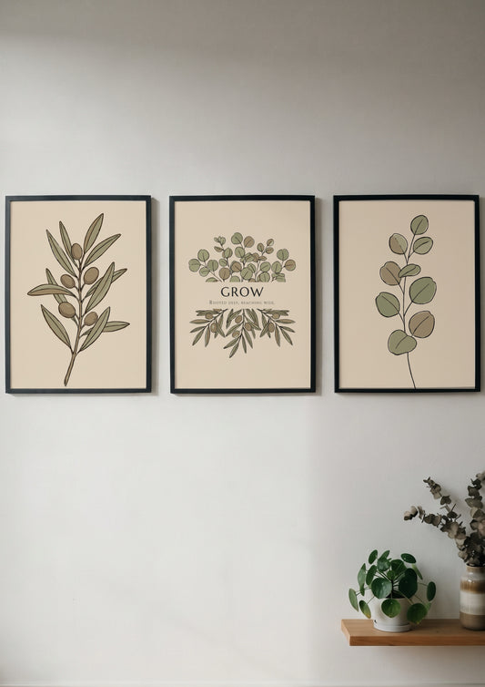 Poster triptych showing olive branches and eucalyptus leaves in sage green and beige.