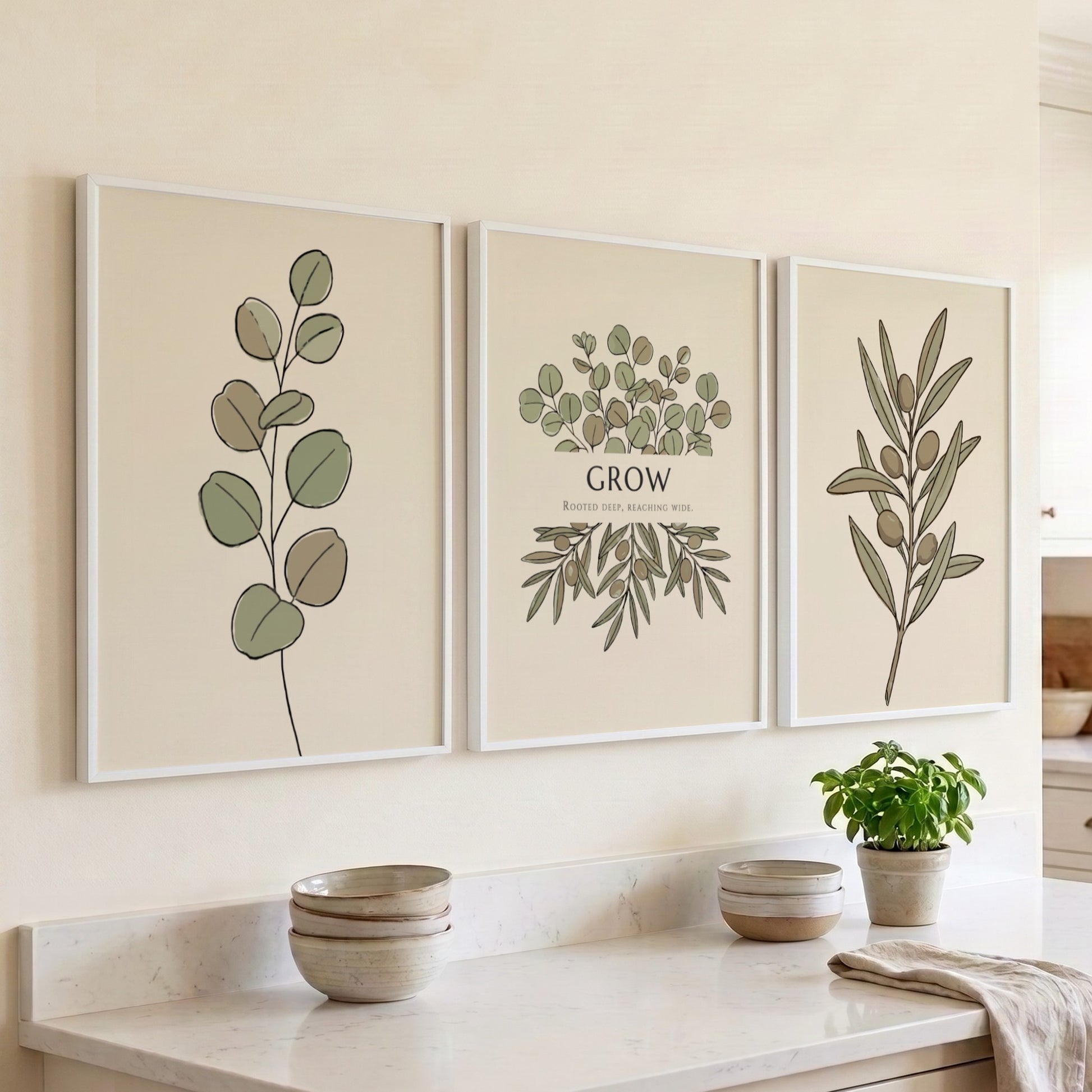 Poster triptych showing olive branches and eucalyptus leaves in sage green and beige.