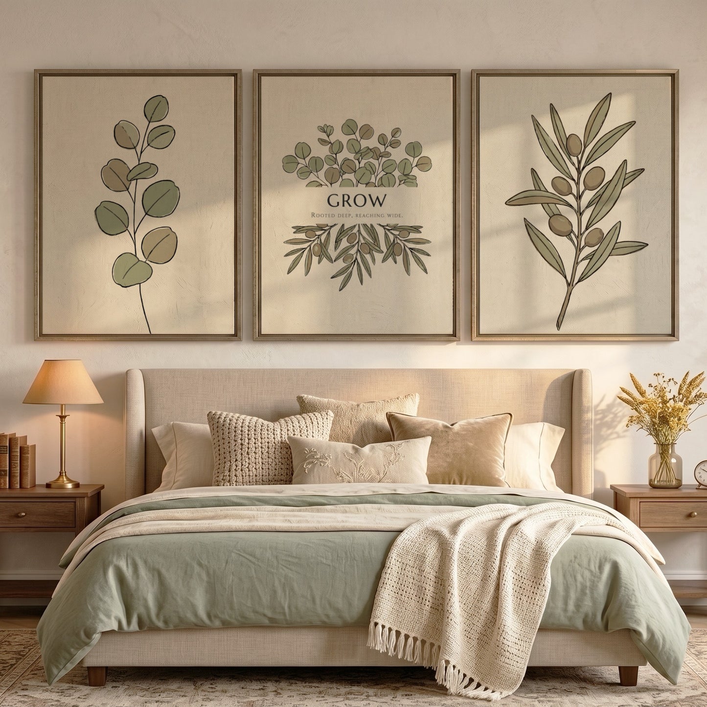 Poster triptych showing olive branches and eucalyptus leaves in sage green and beige.