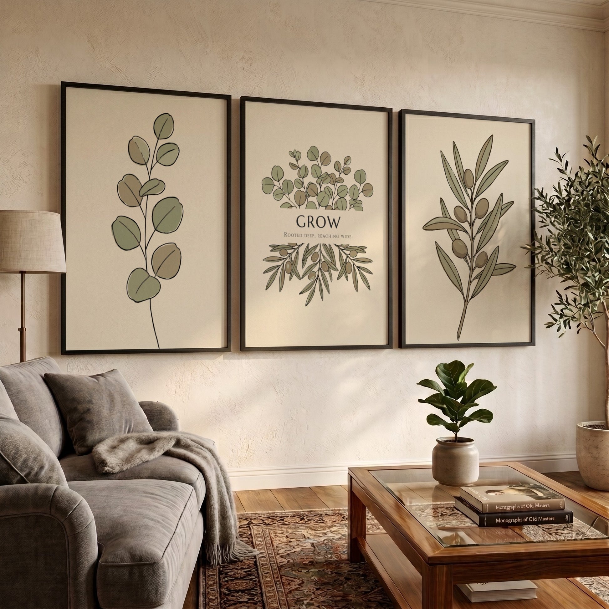Poster triptych showing olive branches and eucalyptus leaves in sage green and beige.