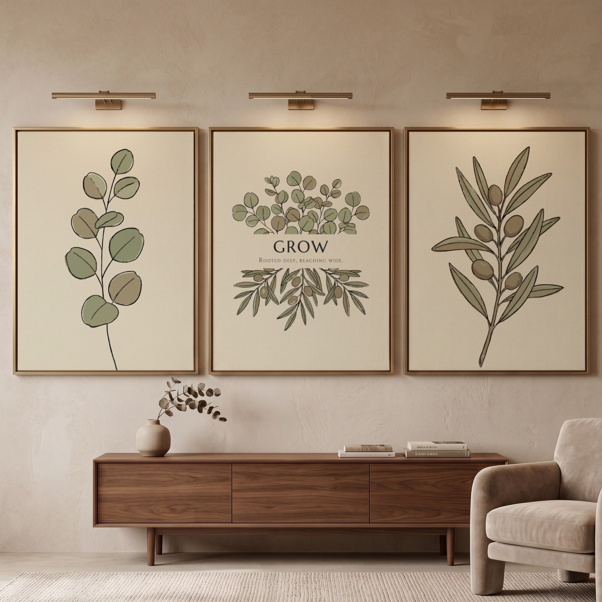 Poster triptych showing olive branches and eucalyptus leaves in sage green and beige.