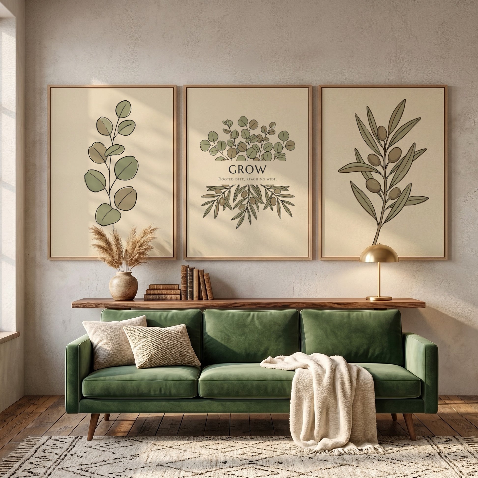 Poster triptych showing olive branches and eucalyptus leaves in sage green and beige.