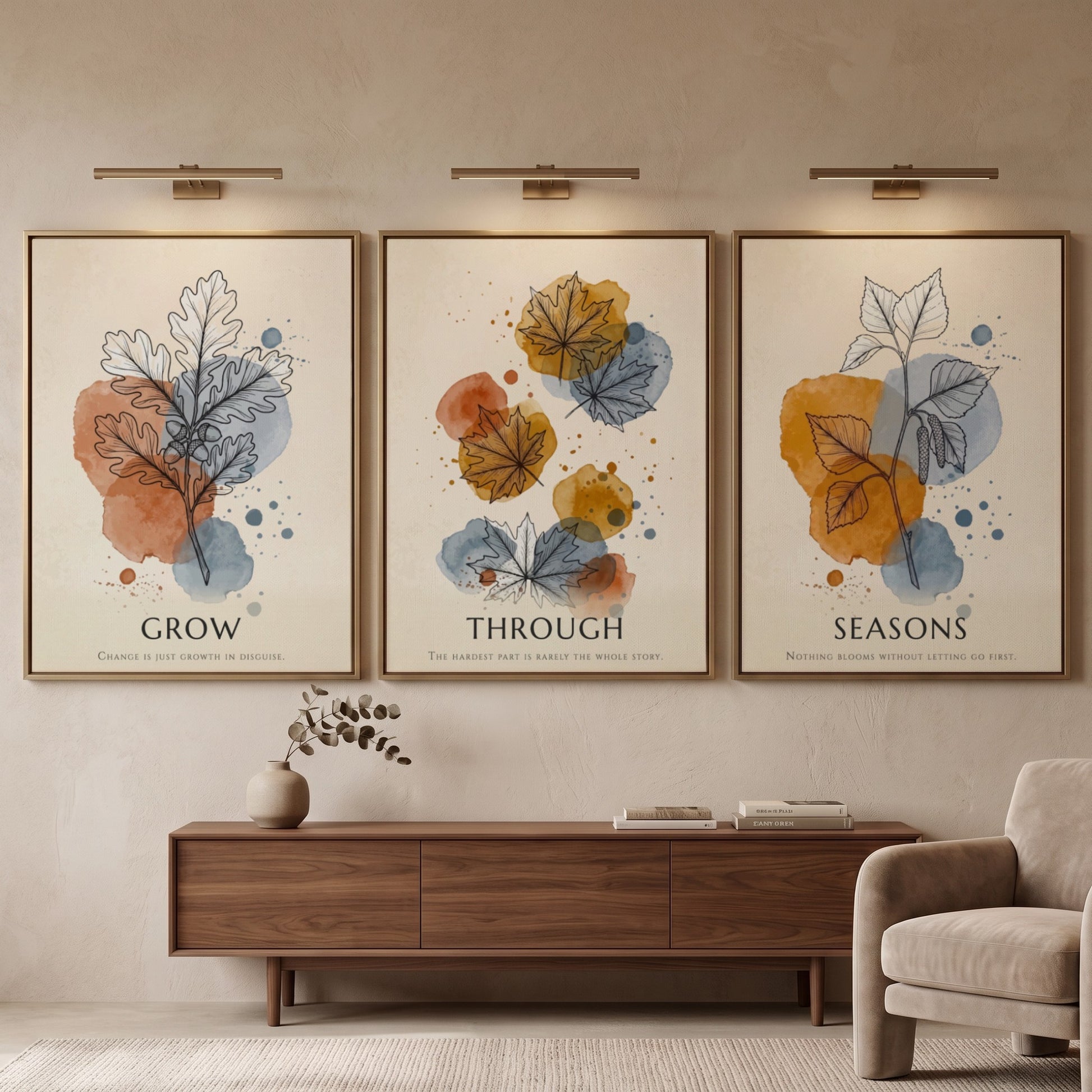 Poster triptych showing watercolour leaves in orange and blue with seasonal text captions