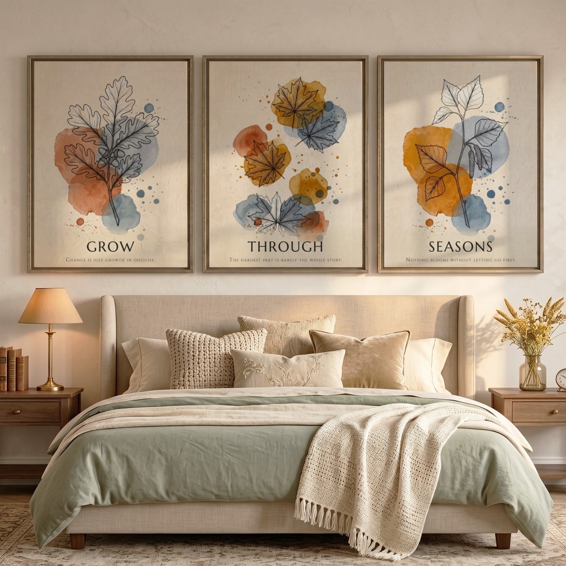 Poster triptych showing watercolour leaves in orange and blue with seasonal text captions
