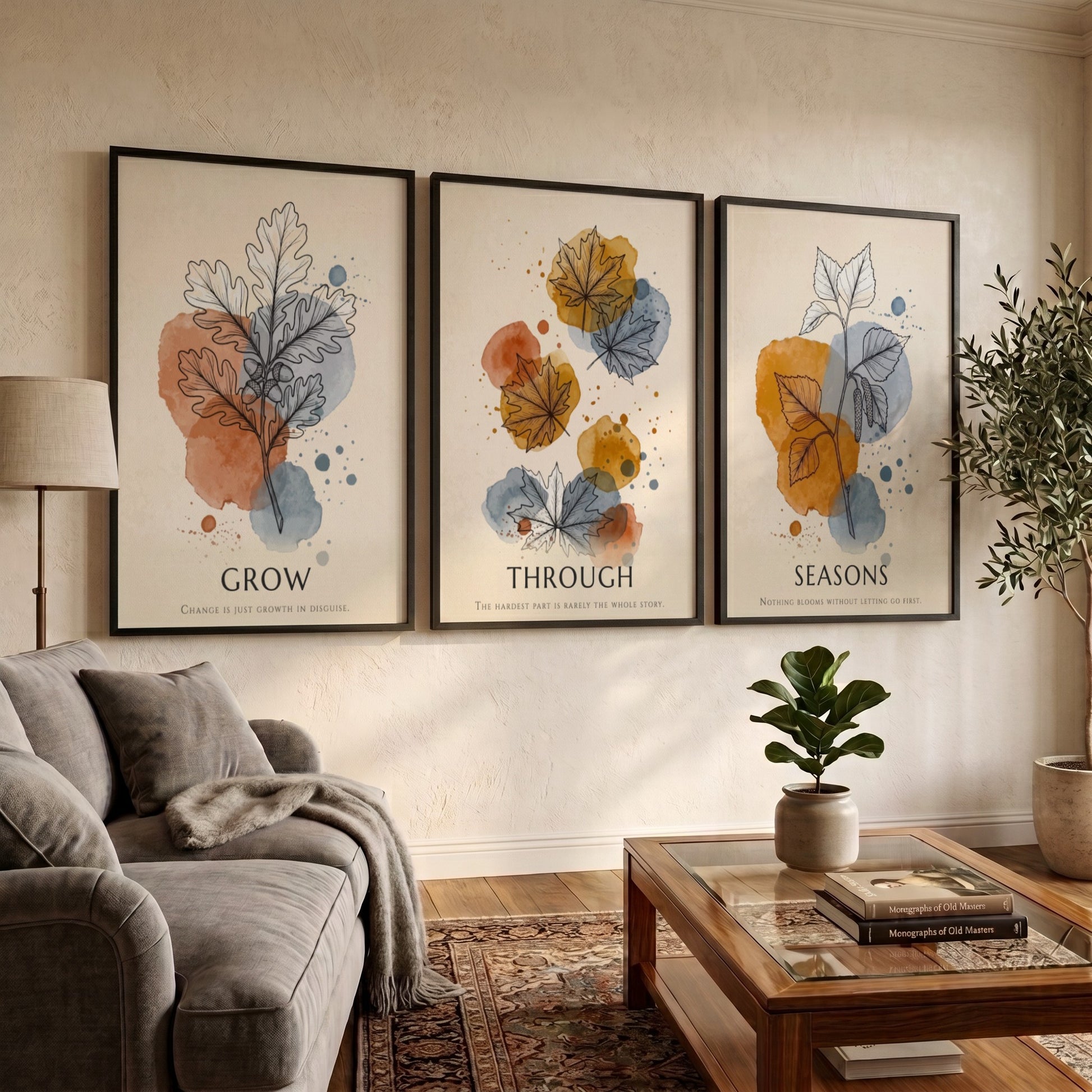 Poster triptych showing watercolour leaves in orange and blue with seasonal text captions