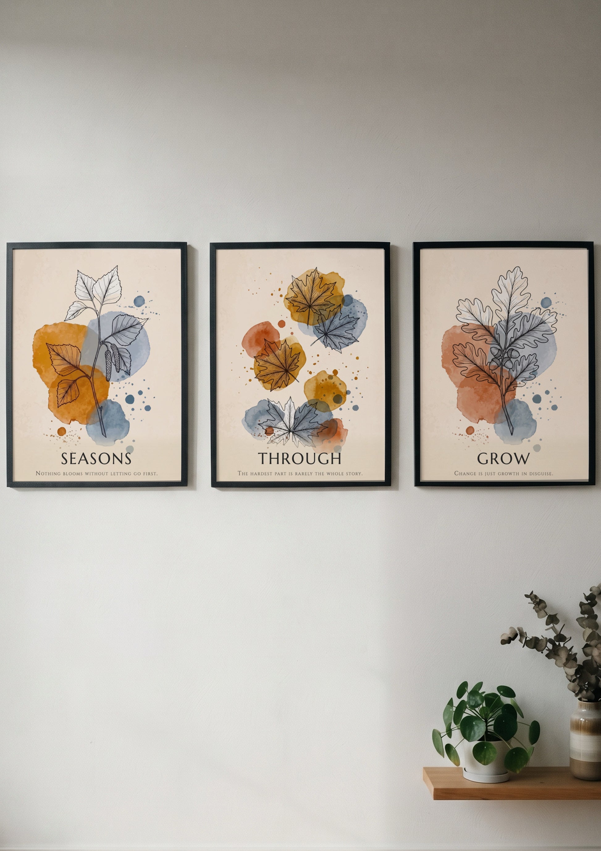Poster triptych showing watercolour leaves in orange and blue with seasonal text captions