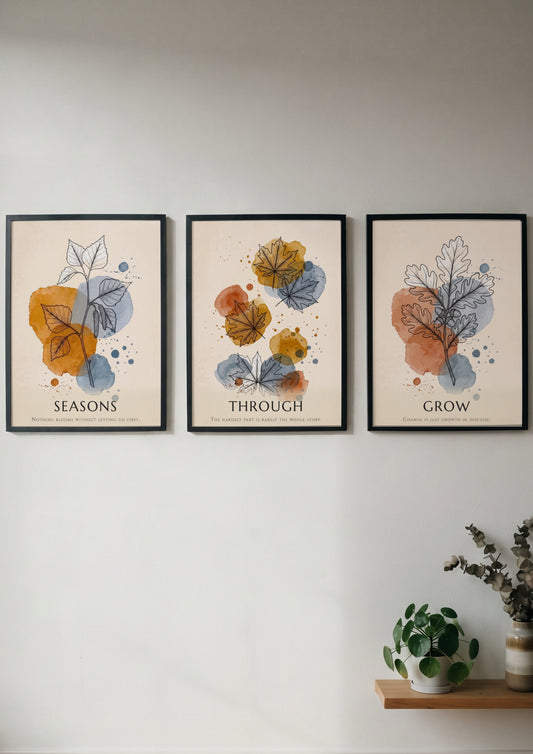 Poster triptych showing watercolour leaves in orange and blue with seasonal text captions
