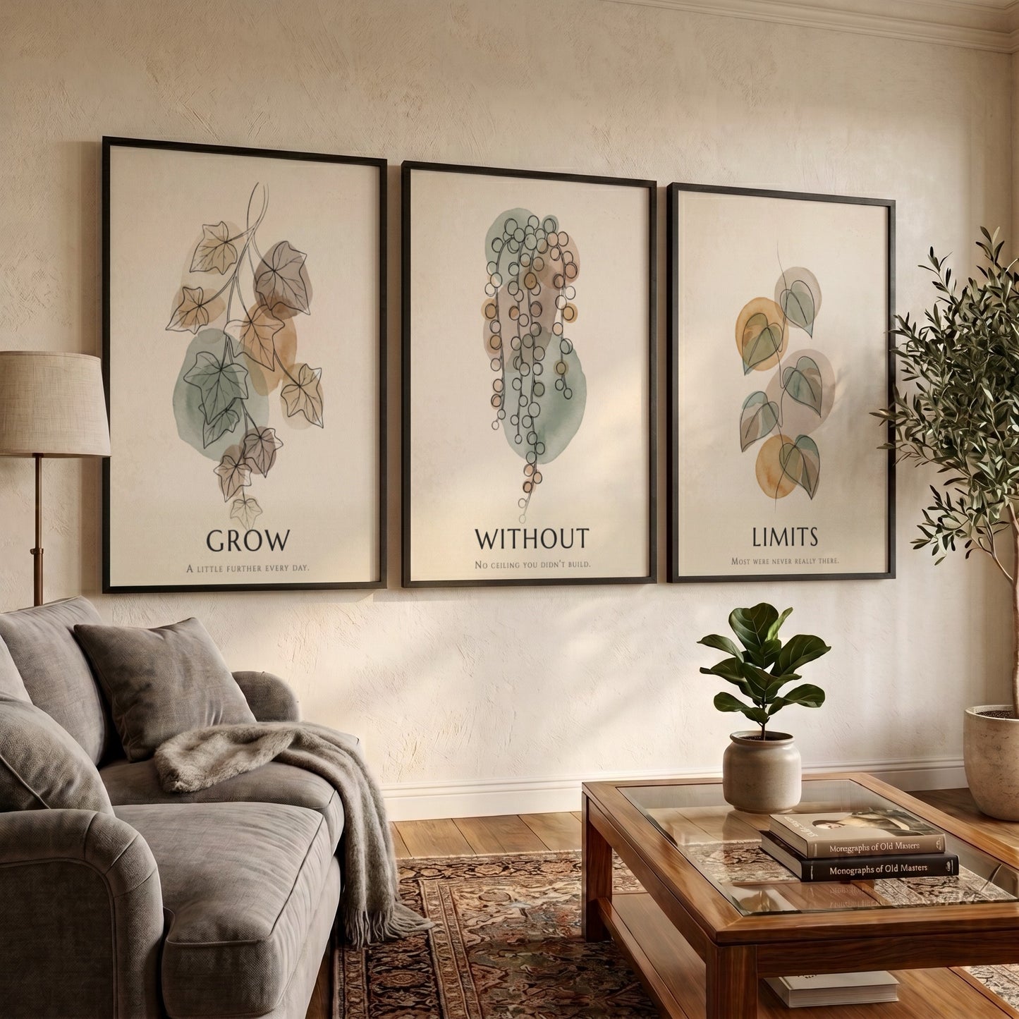 Poster set featuring three botanical illustrations with sage green and ochre organic shapes